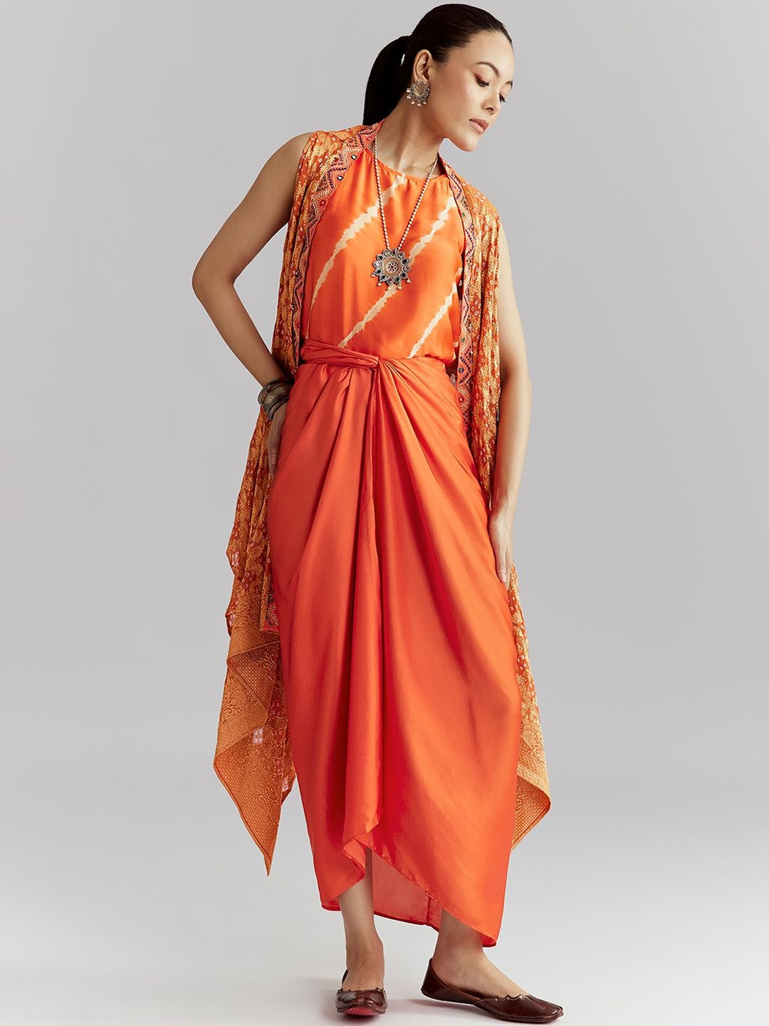 KALKI Fashion Printed Mirror Work Ready to Wear Lehenga & Choli Bandhani Banarasi jacket