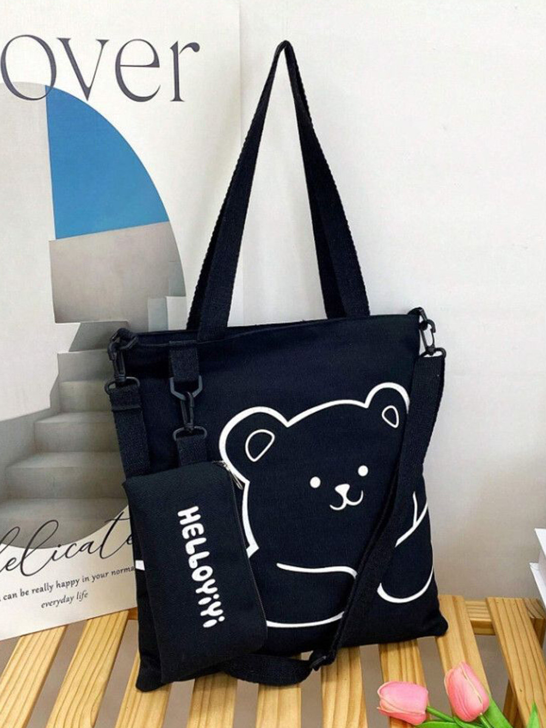 the sack co Women Printed Canvas Shopper Tote Bag With Pouch