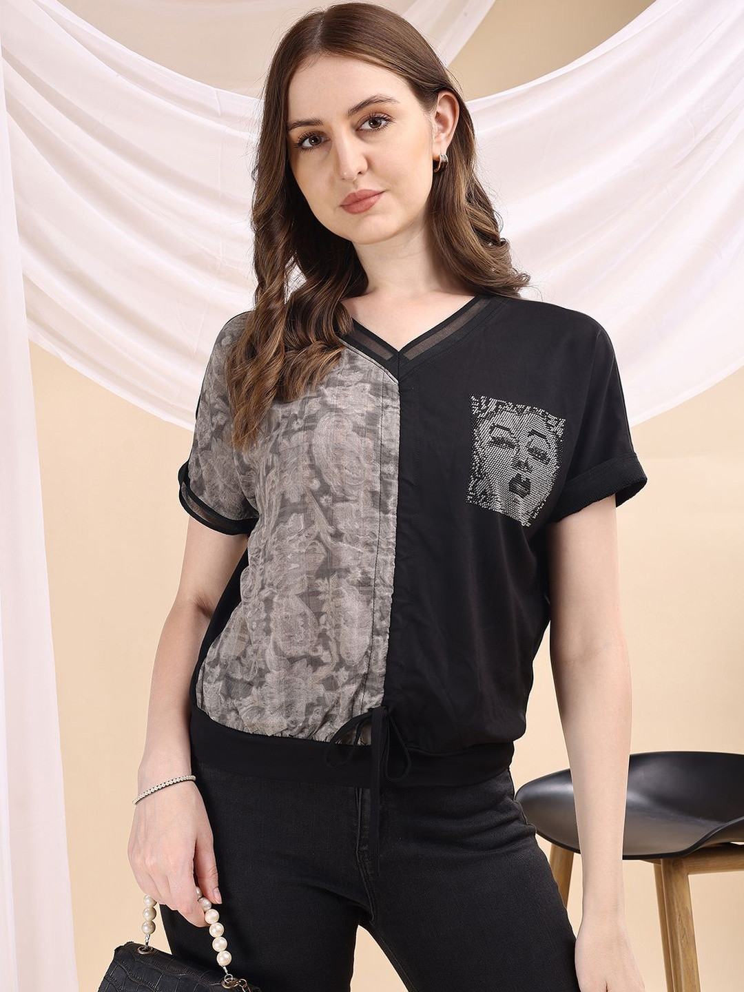 CORSICA Women Colourblocked V-Neck Face Motif Patch Top