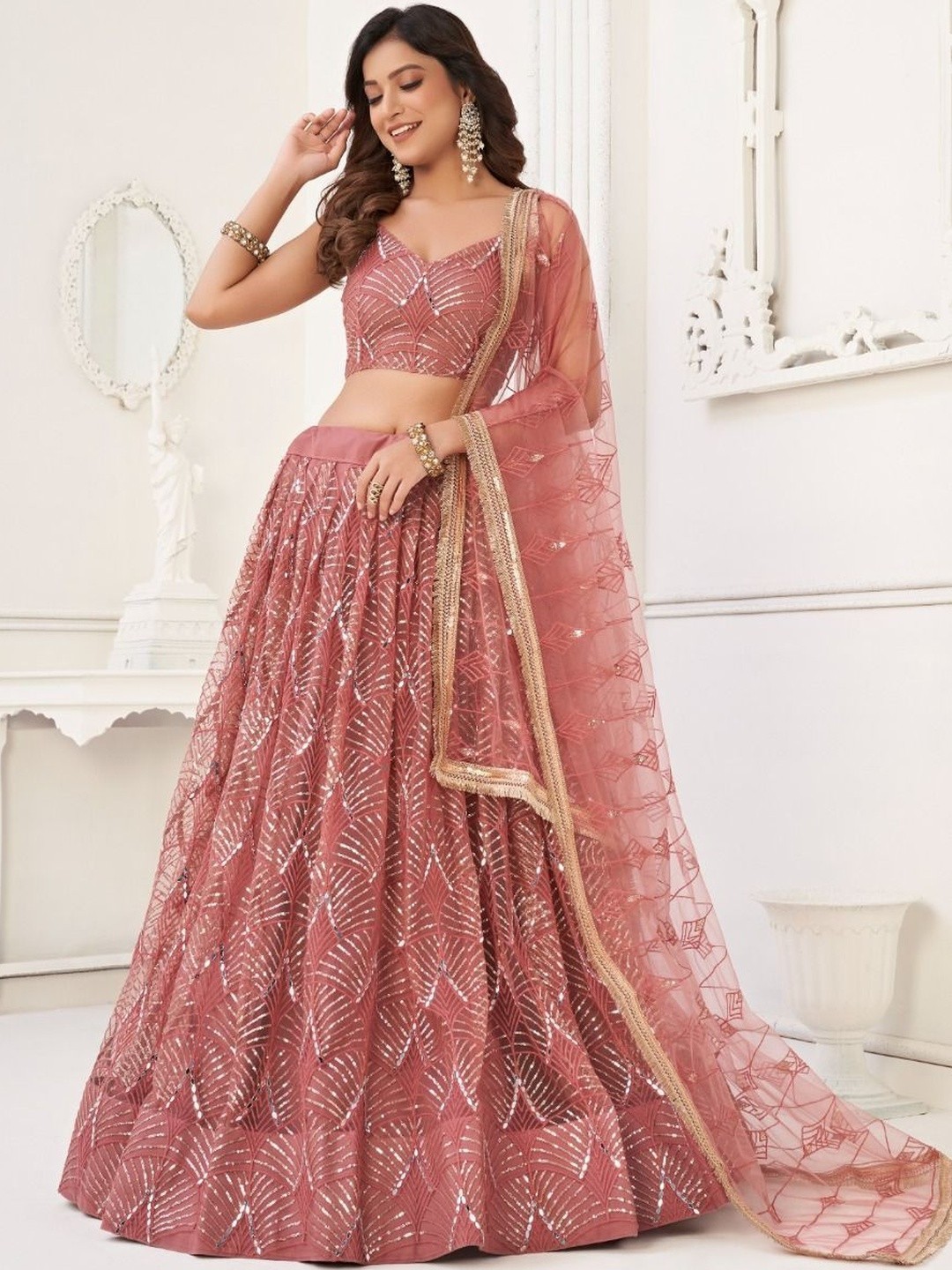 DREAM EXPORTER Embellished Sequinned Net Semi-Stitched Lehenga & Blouse With Dupatta