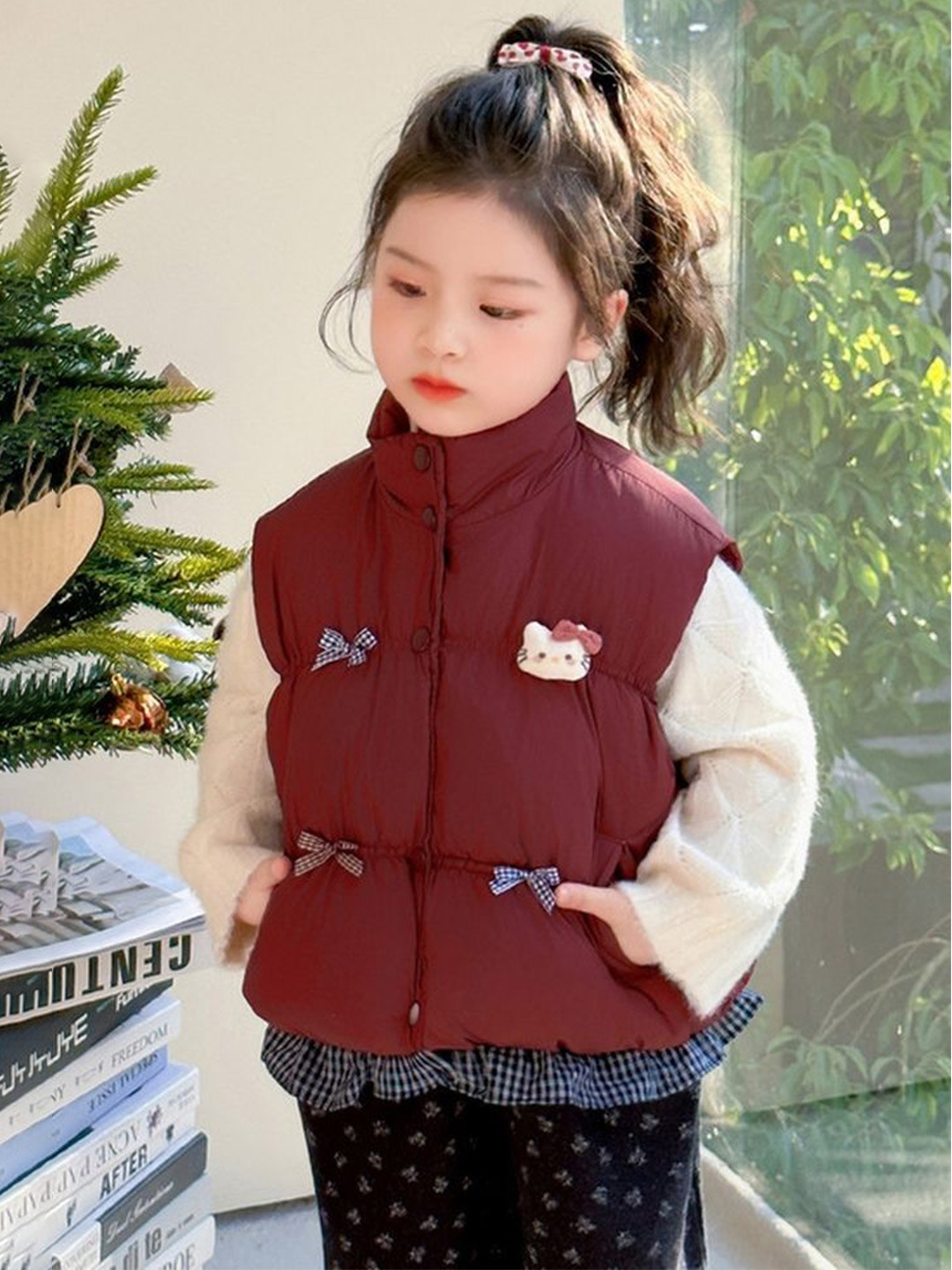 LULU & SKY Girls Solid Mock Collar Sweater Vest with Applique Detail