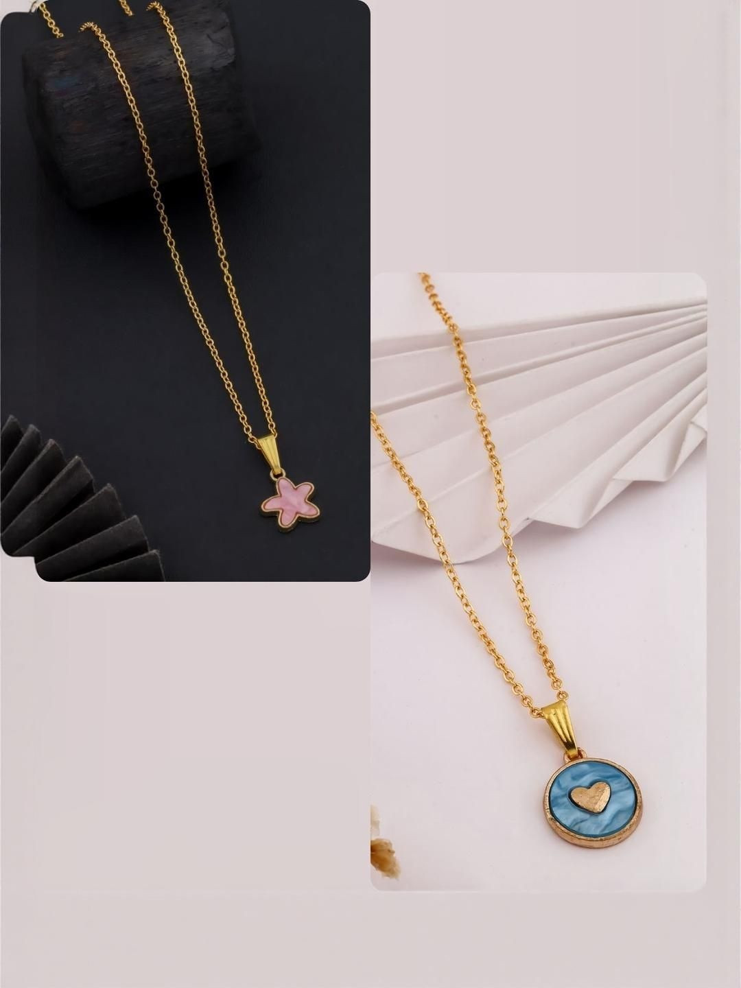 SZN Women Set Of 2 Star & Heart Shaped Gold-Plated Charms Enamelled Necklace