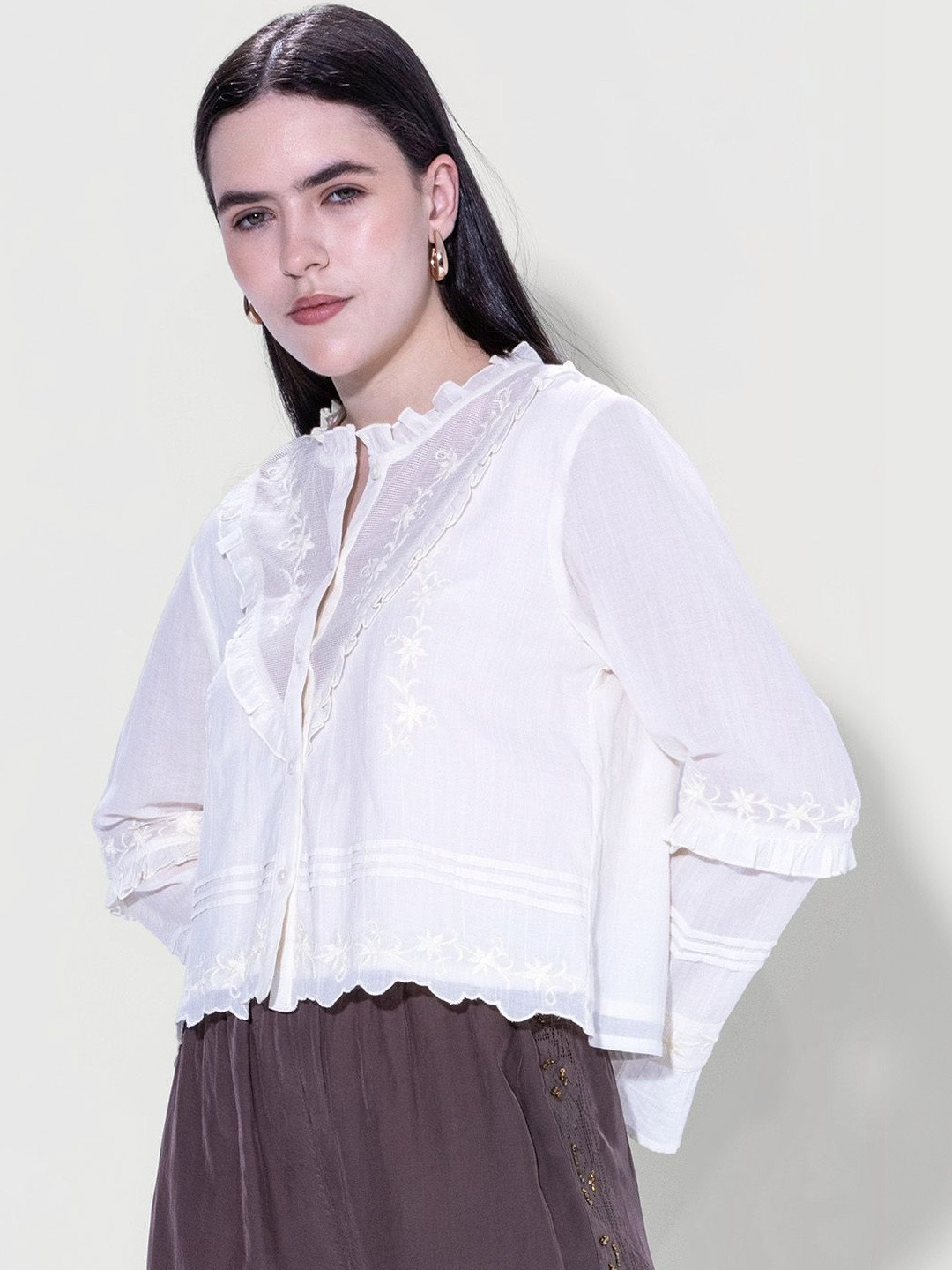 DaKauz Women Floral Embroidered Bell Sleeve Ruffles Vintage Cotton Shirt Style Top