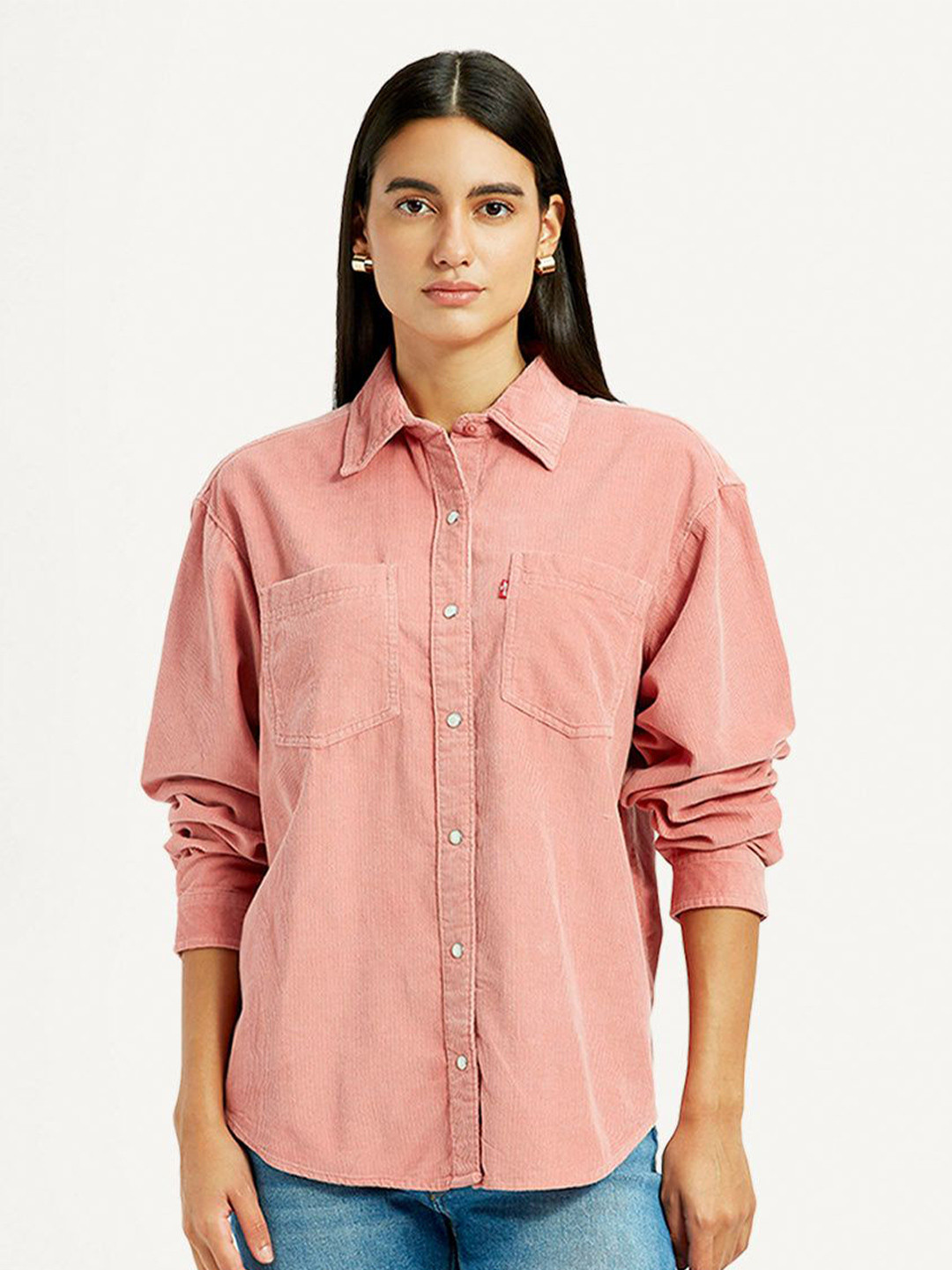 Levis Women Classic Boxy Loose Fit Spread Collar Corduroy Casual Shirt