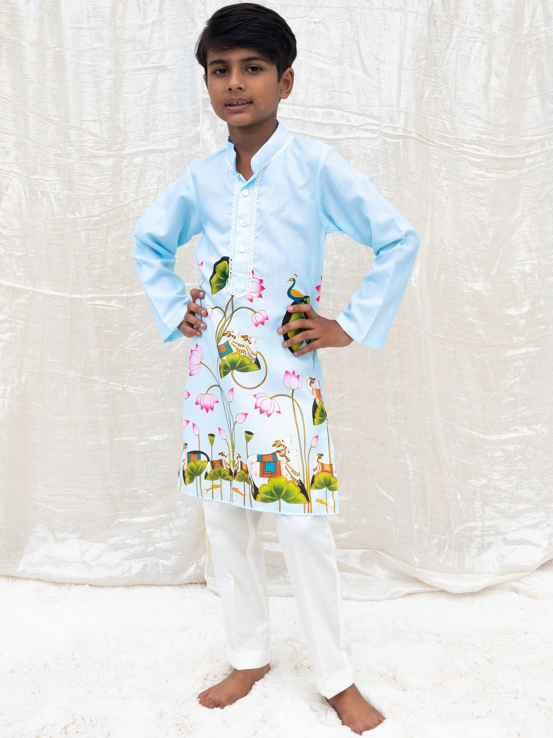 Fayon Kids Boys Ethnic Motifs & Floral Printed Lace Mandarin Collar Kurta With Pyjamas