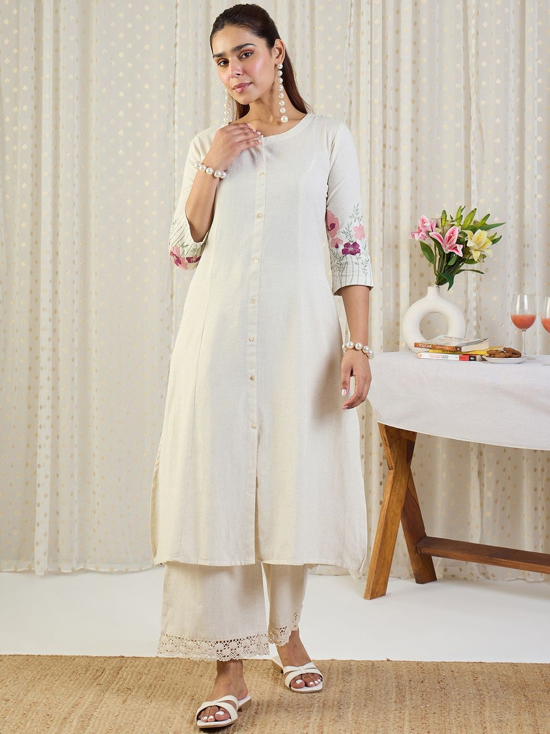 Indo Era Floral Embroidered Round Neck A-Line Thread Work Kurta With Palazzos