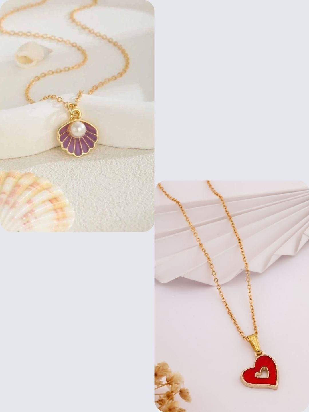 SZN Set Of 2 Gold-Plated Artificial Beaded Shell Shaped Enamelled Pendants With Chains