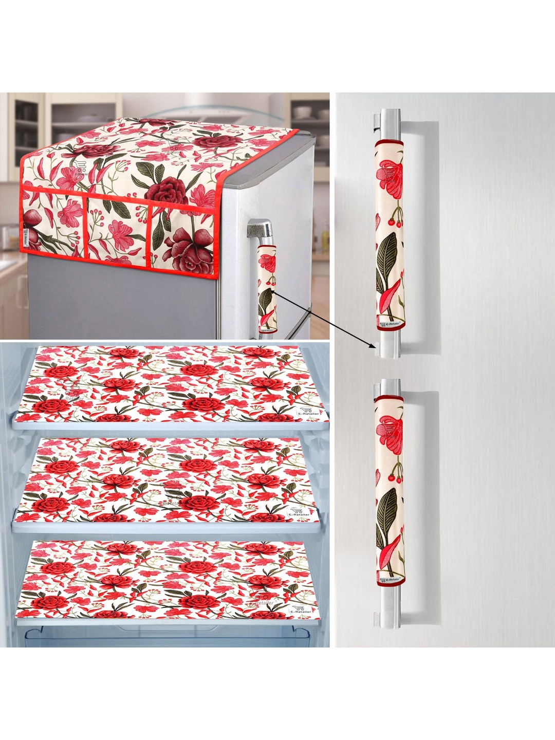 E-Retailer 6 Pieces Set Of 1 Refrigerator Top Cover 2 Fridge Handle Cover & 3 Fridge Mats