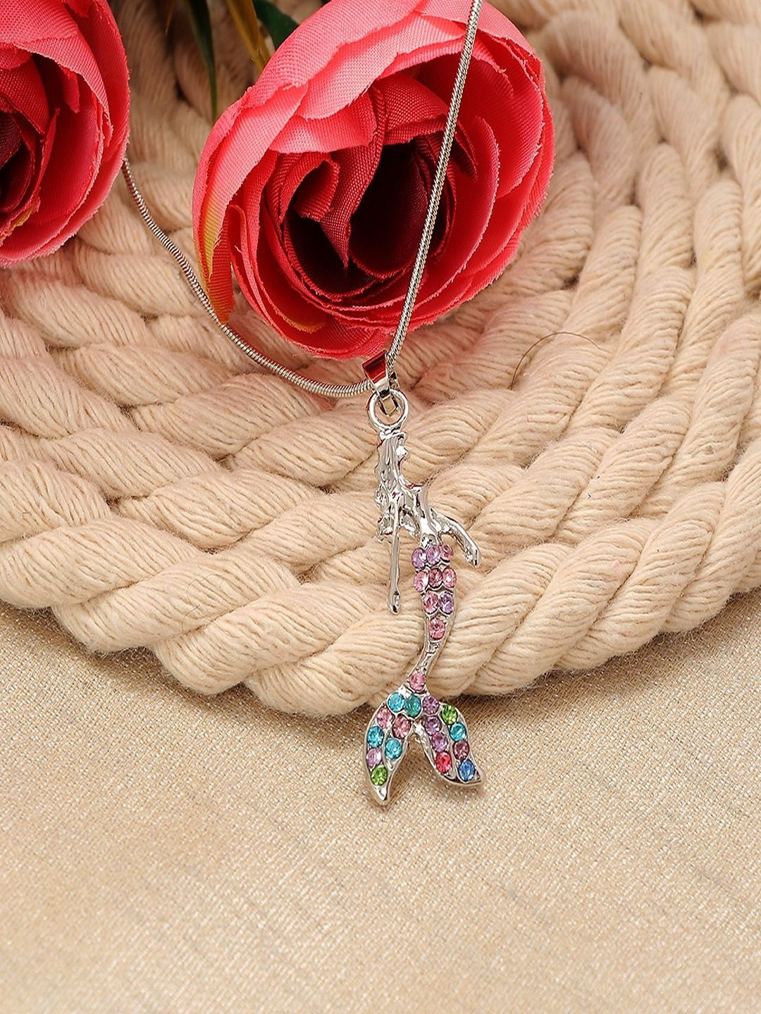 Jewelgenics Silver-Plated Cubic Zirconia Studded Angel Antique Pendant With Chain