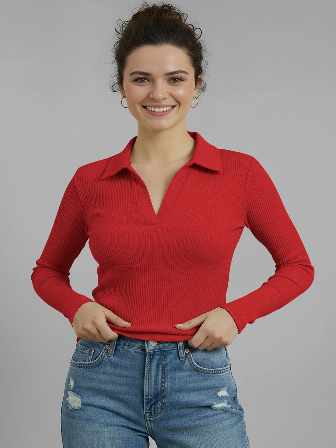 Dream Beauty Fashion Top-173-Apple-Red Women Vertical Striped Shirt Collar Shirt Style Top