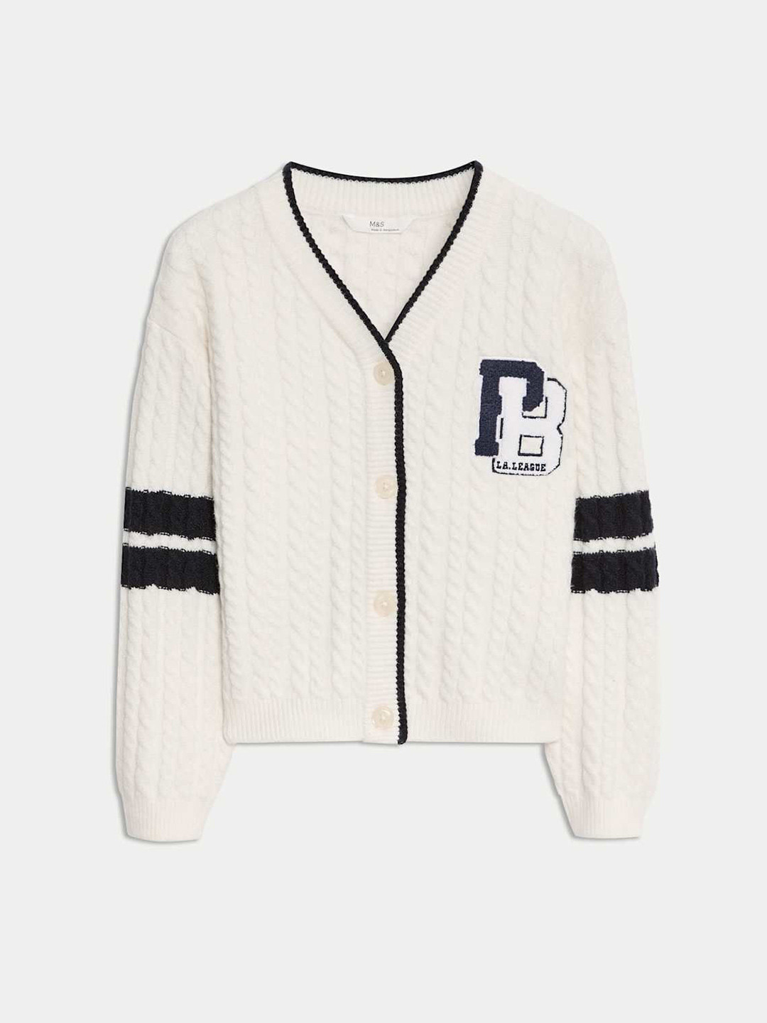 Marks & Spencer Varsity Girls Cable Knit  V-Neck  Long Sleeves Cotton Cardigan Sweaters