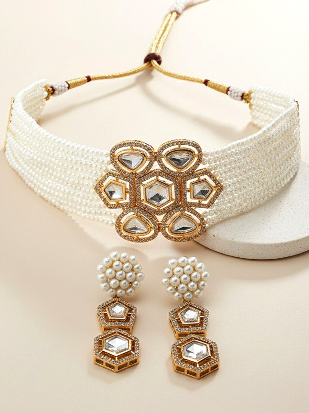 KARATCART Gold-Plated Polki Kundan-Studded & Beaded Jewellery Set