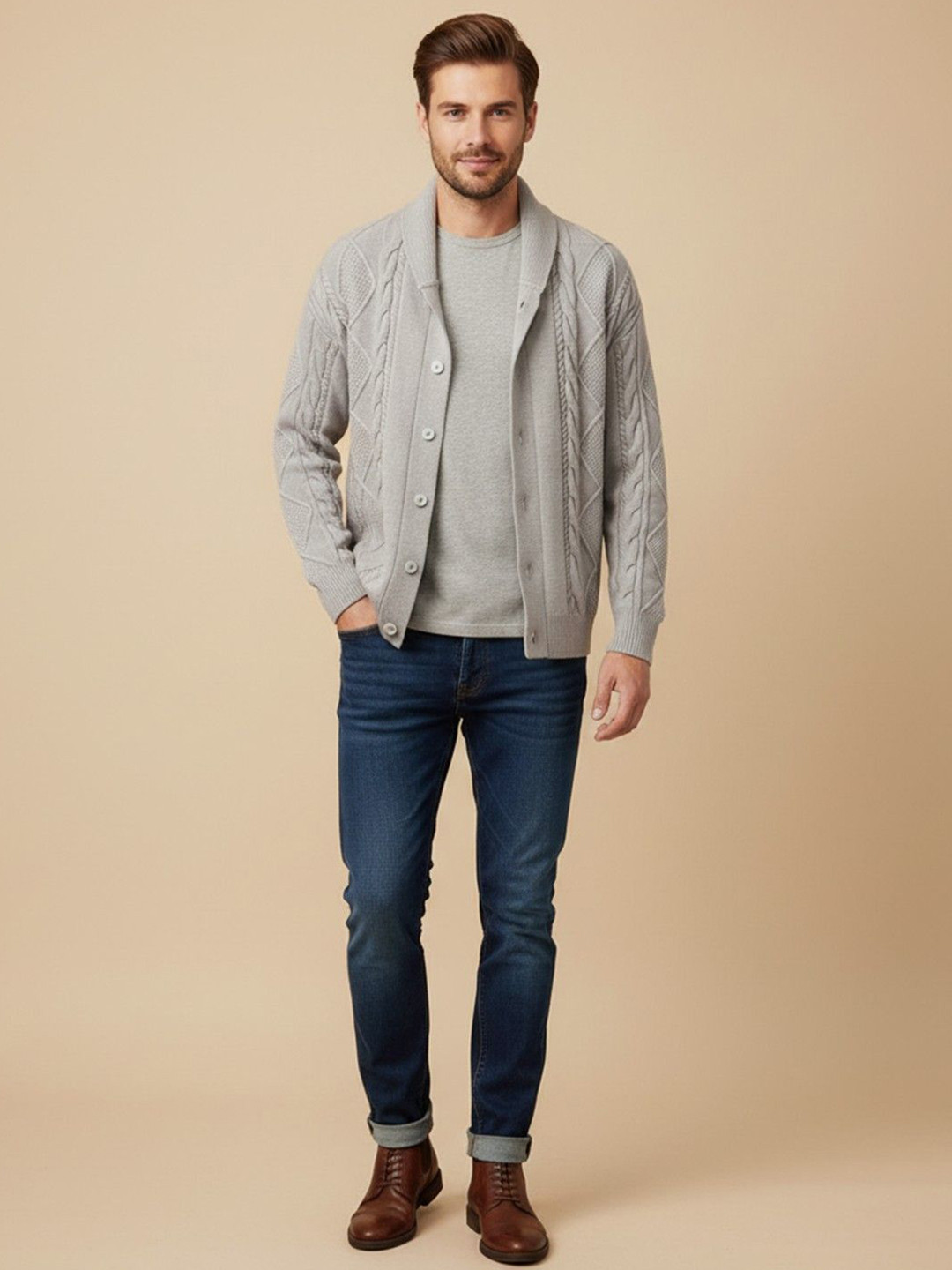 HERE&NOW Men Cable Knit Self Design Shawl Collar Long Sleeves Cardigan Sweaters