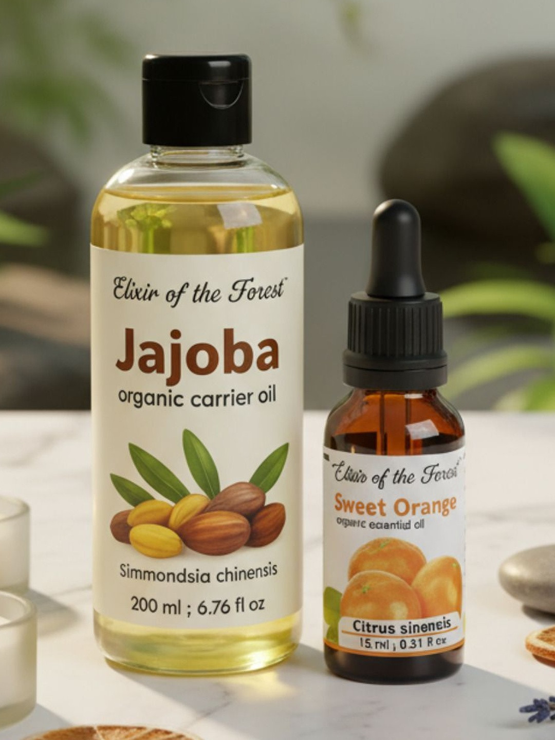 ELIXIR OF THE FOREST Set Of 2 Sweet Orange Essential Oil -15 ml & Jojoba Oil - 200 ml