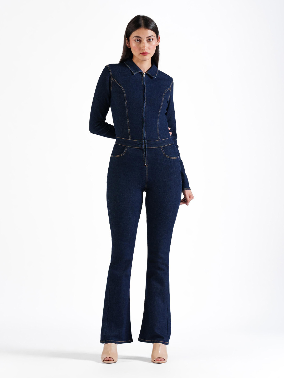 LOVEGEN Women Denim Shirt Collar Long Sleeves Solid Basic Jumpsuit