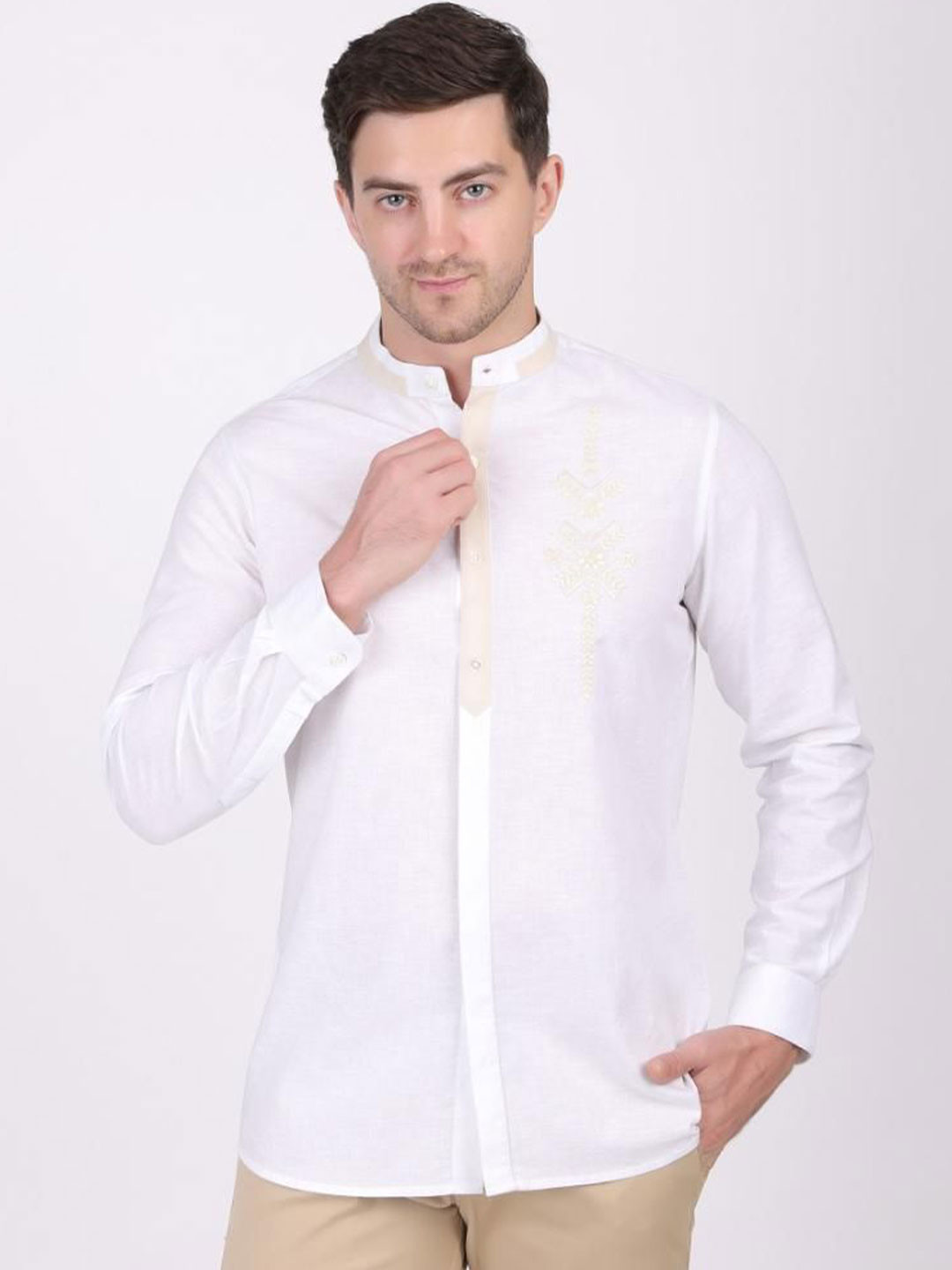 PIER 7 Men Premium Cotton Embroidered Mandarin Collar Shirt