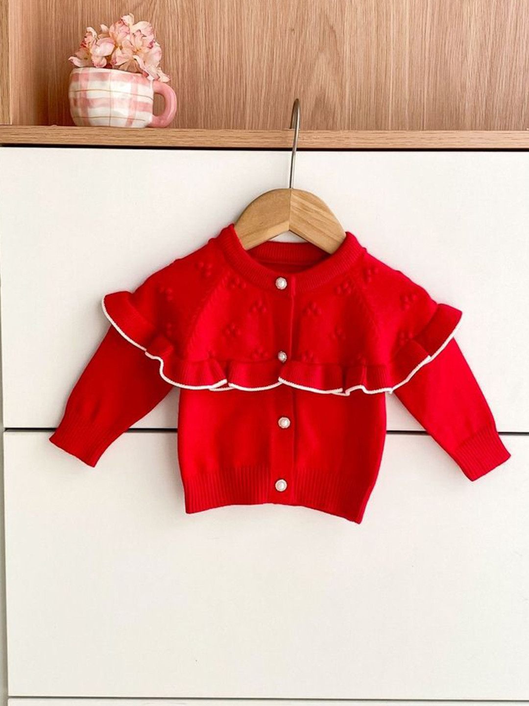 LULU & SKY Girls Round Neck Ruffled Cardigan