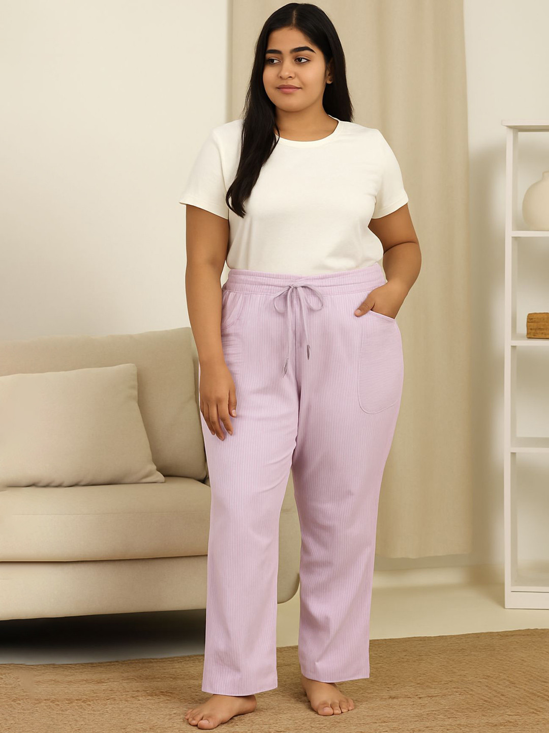 CUPID Women Striped Pure Cotton High-Rise Lounge Pants