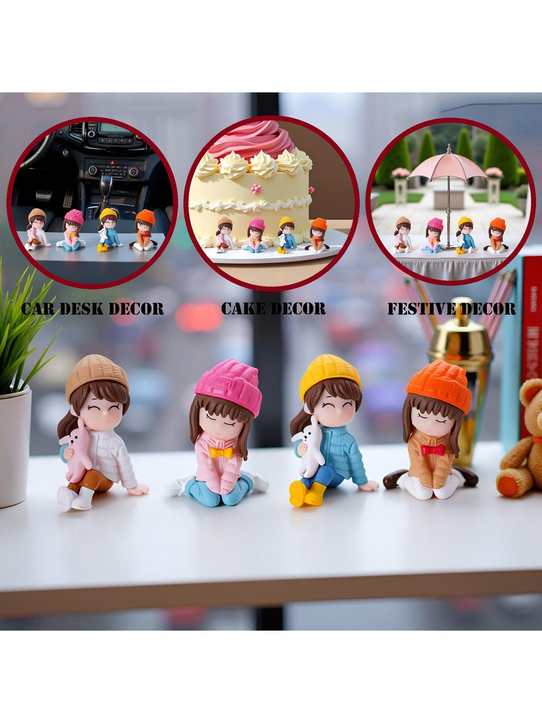 Gopalvilla Pink Glossy Car Real 3D 4 Pieces Tiny Showpieces 1 Inch