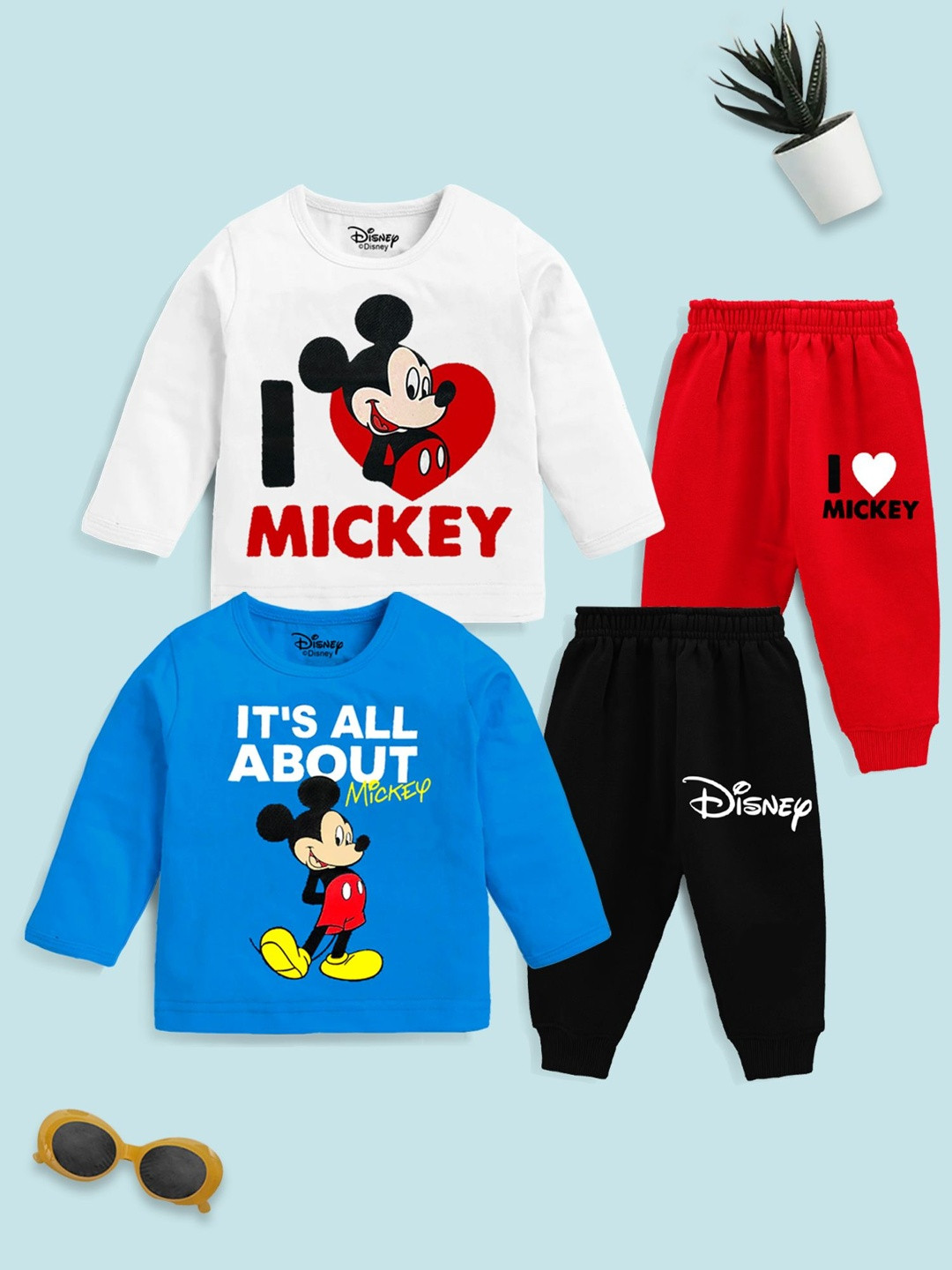 YK Disney Boys Pack Of 2 Mickey Mouse Printed Long Sleeves T-Shirts With Joggers