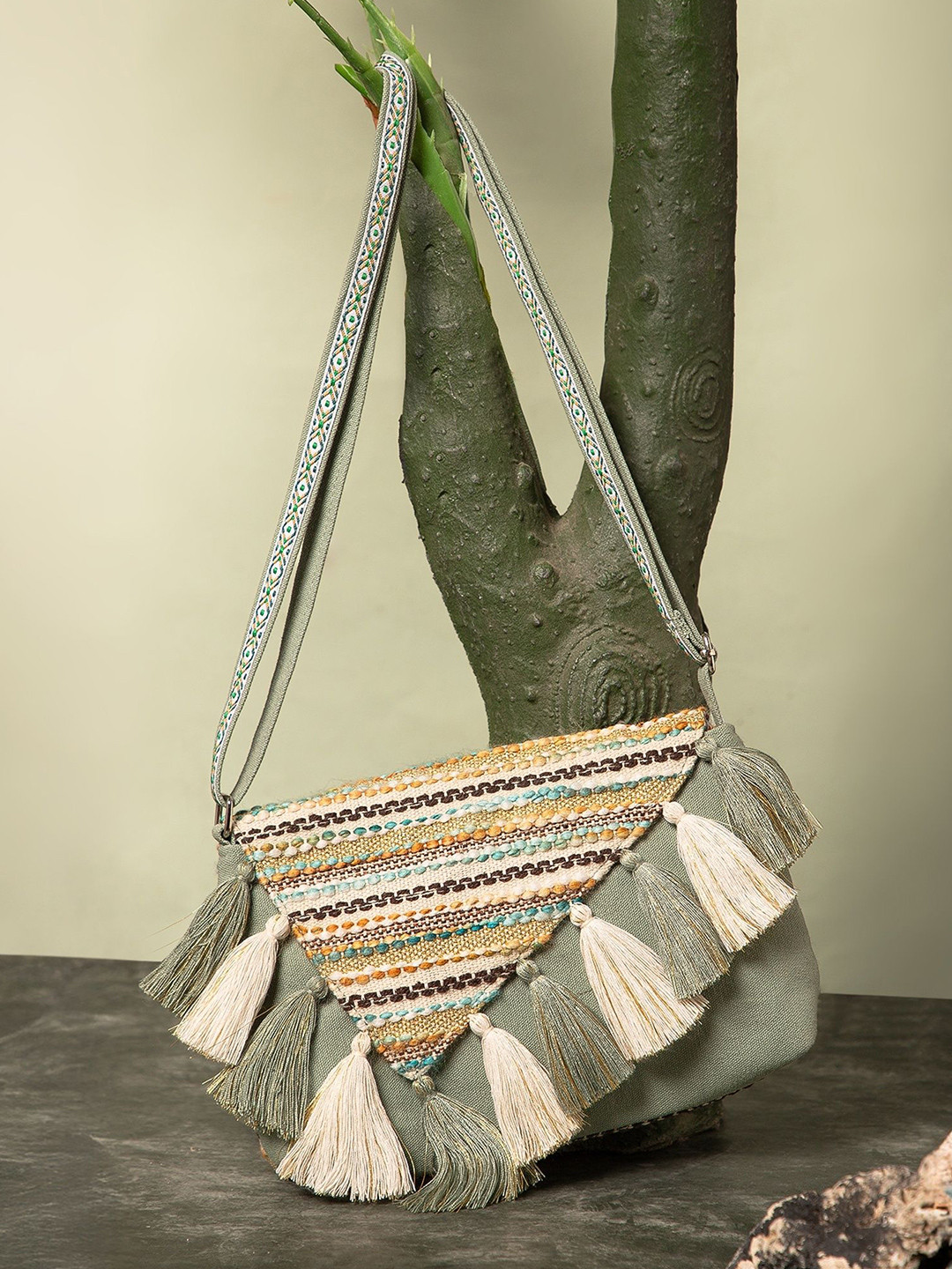Anekaant Women Striped Cotton Crossbody Sling Bag With Tasselled