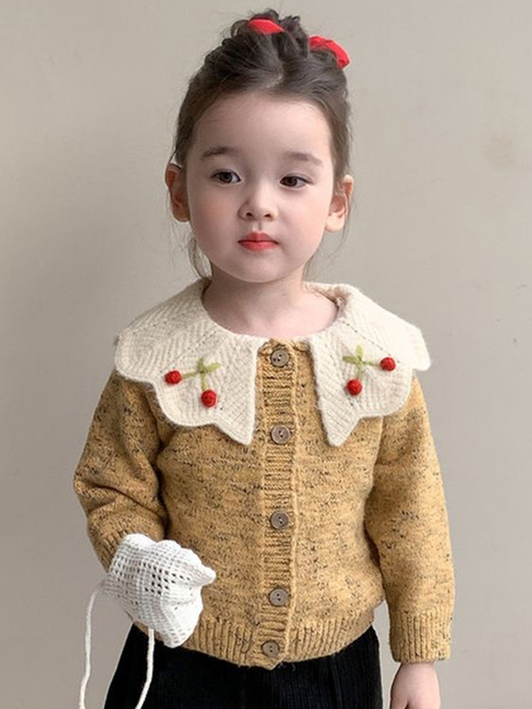 LULU & SKY Girls Embroidered Self Design Long Sleeve Cherry Collar Cardigan