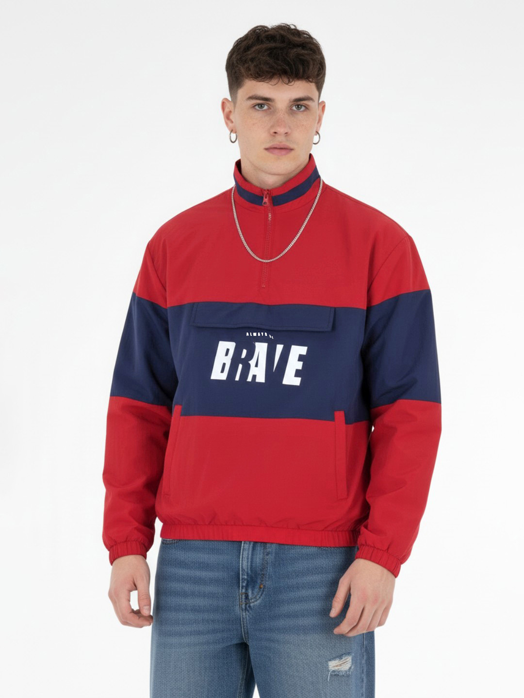 glitchez Colorblocked Typography Printed Mock Collar Bomber Jacket with Flap Detail