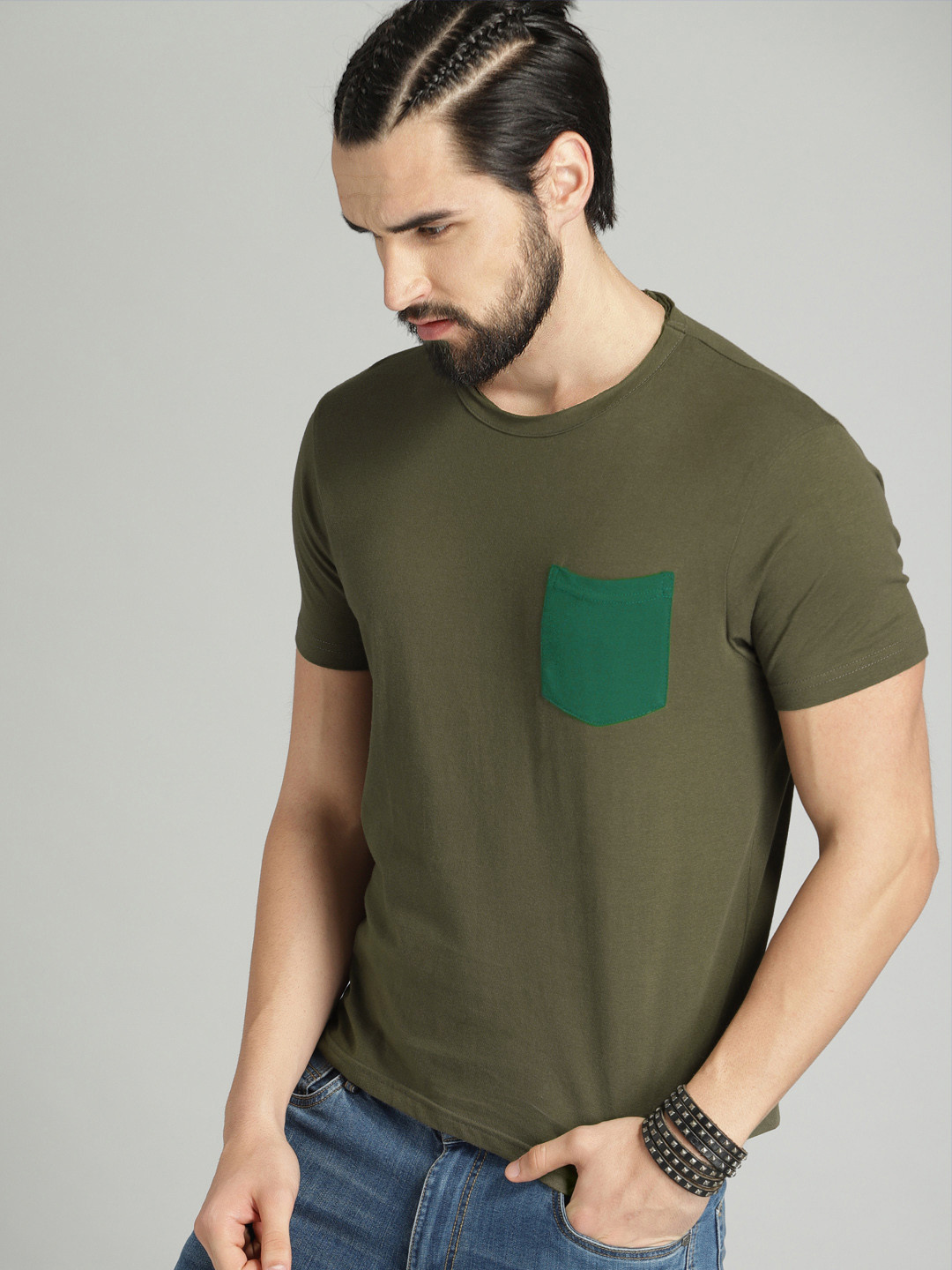 Roadster Men Olive Green Raw Edge Cotton  Cotton T-shirt