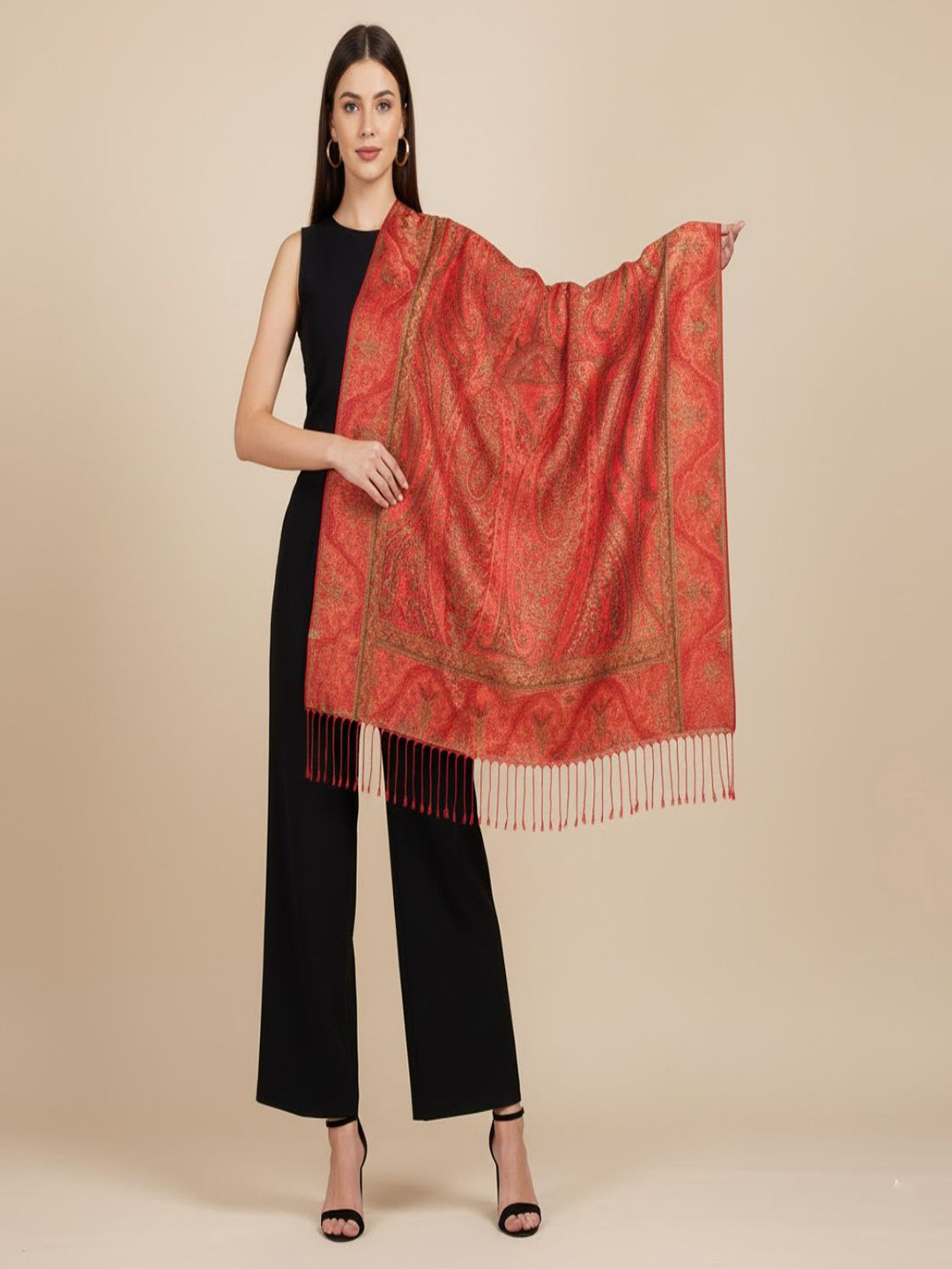 MUFFLY Women Paisley Printed Pattern Bamboo Silk Stole With Fringed Border