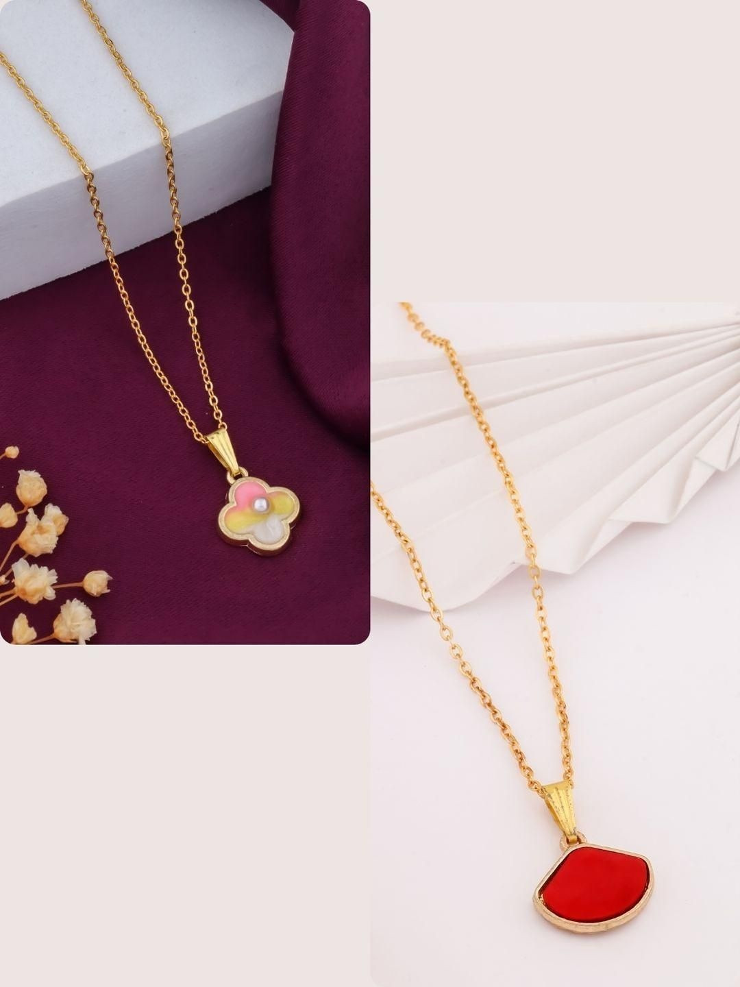 SZN Set Of 2 Gold-Plated Pearls Beaded Clover & Abstract Bezel Shaped Pendants With Chains