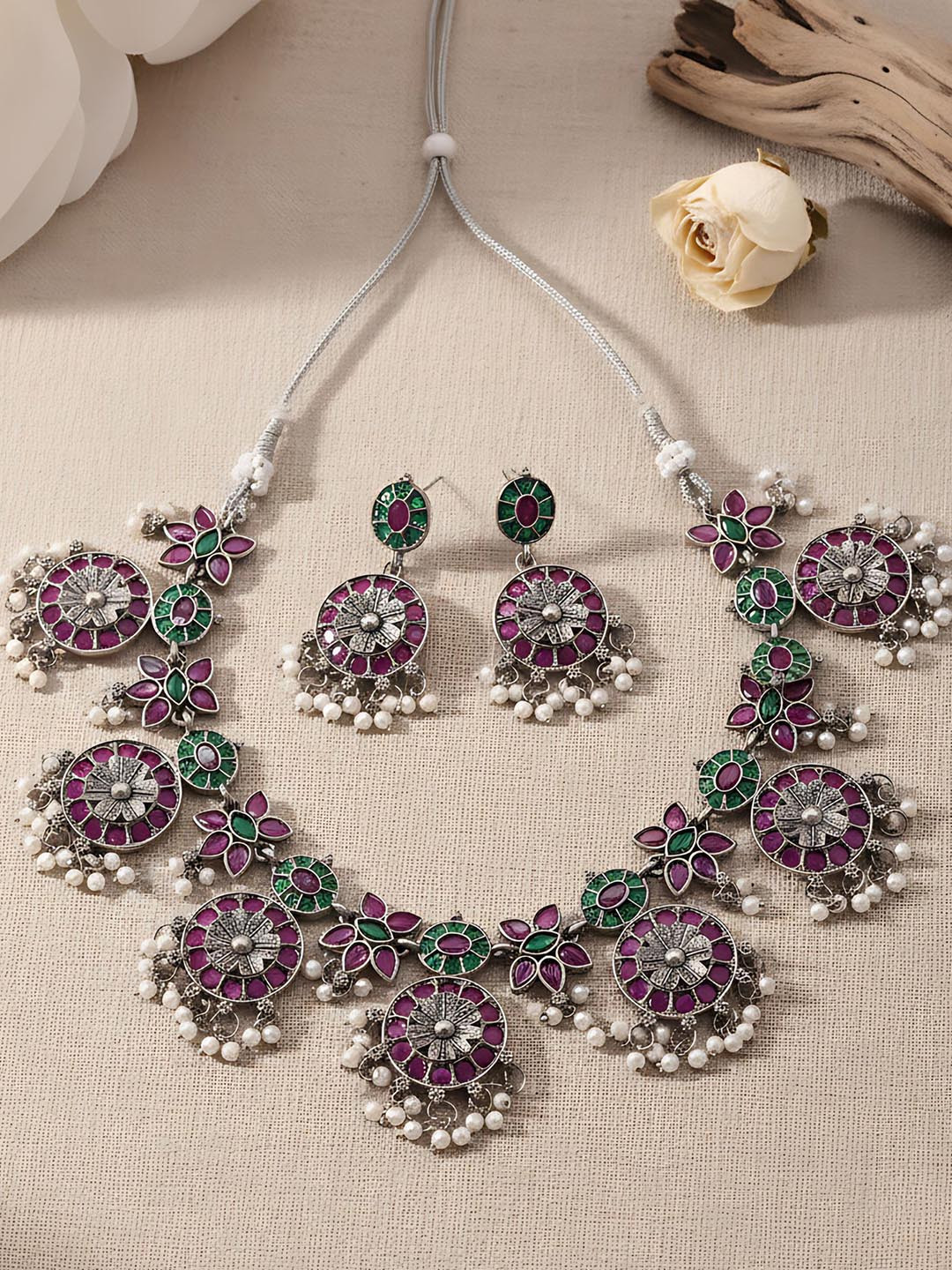 KARATCART Silver-Plated Oxidised Stone-Studded & Pearls Beaded Jewellery Set