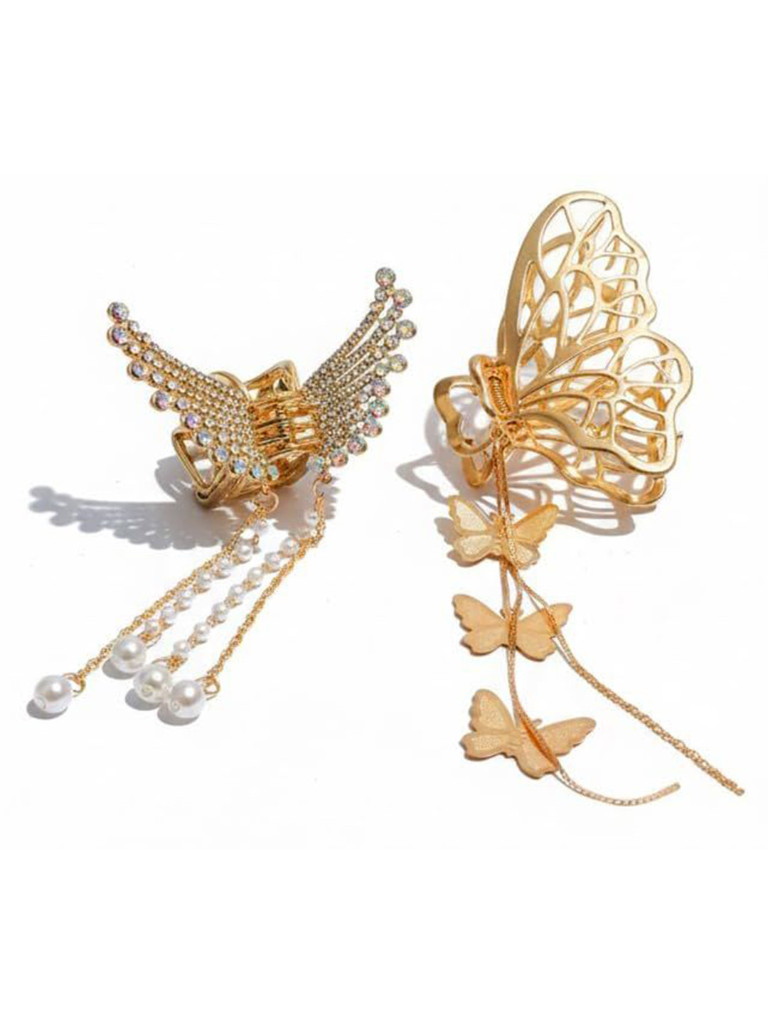 SH FSN Women Set of 2 Butterfly Golder with Pearls Hair Clutchers Claw Clip