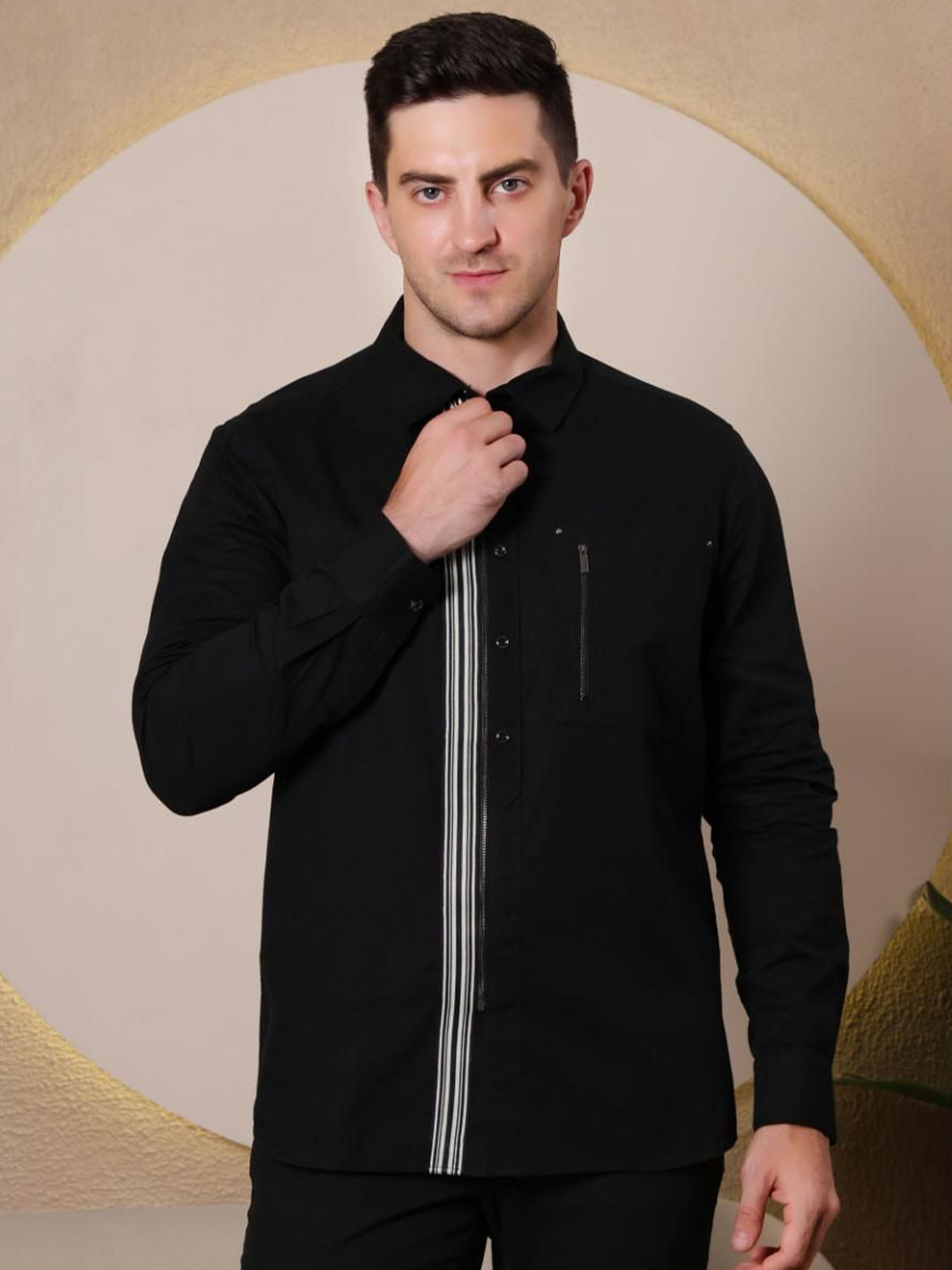 PIER 7 Men Premium Colourblocked Chest Pocket Spread Collar Long Sleeve Cotton Shirt