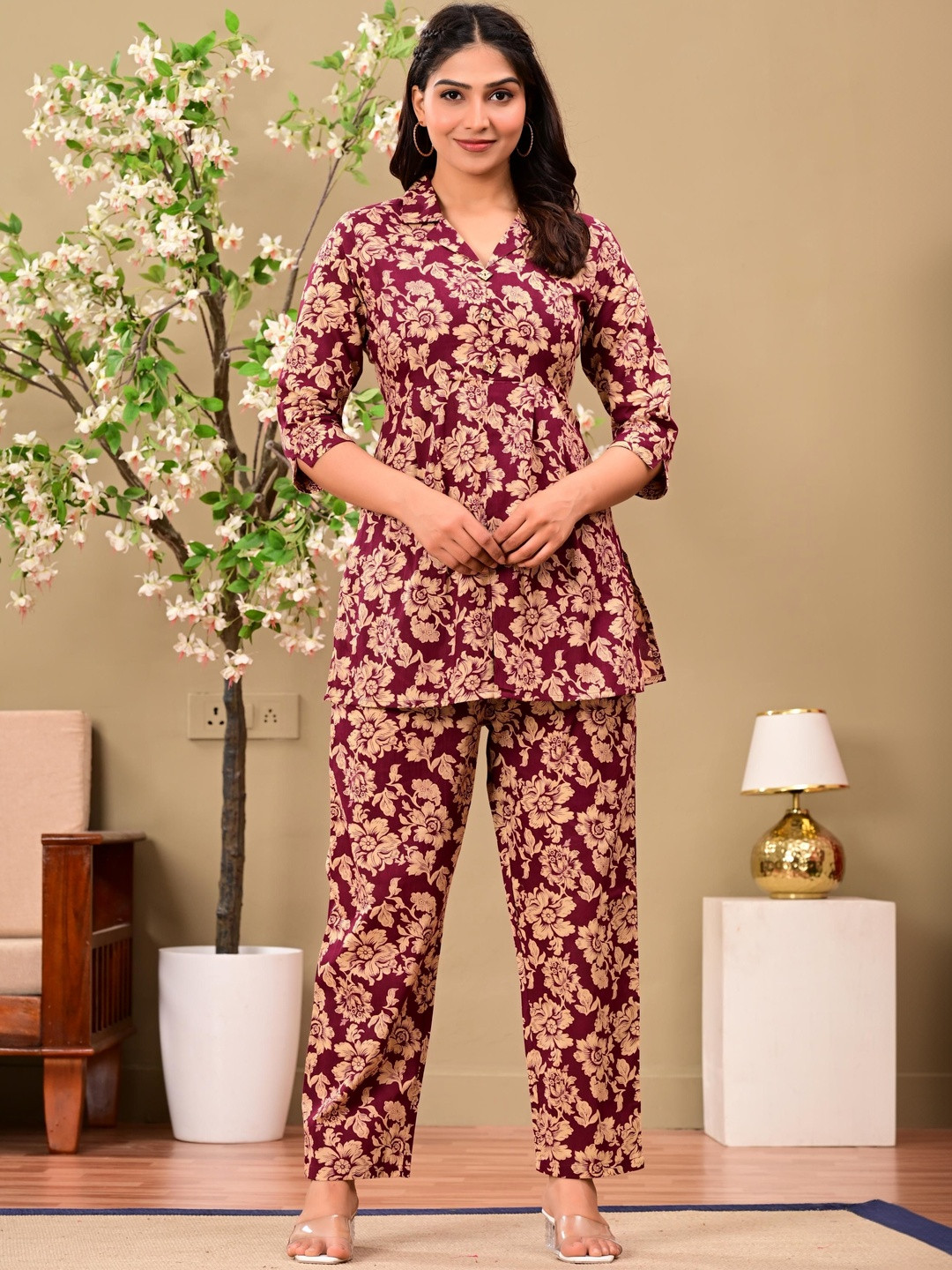 L.H HANDICRAFTS Floral Printed Pure Cotton Tunic With Trousers Co-Ords