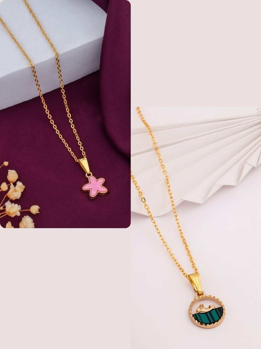 SZN Elegent Set Of 2 Gold-Plated Star Shaped Enamelled Pendants With Chains