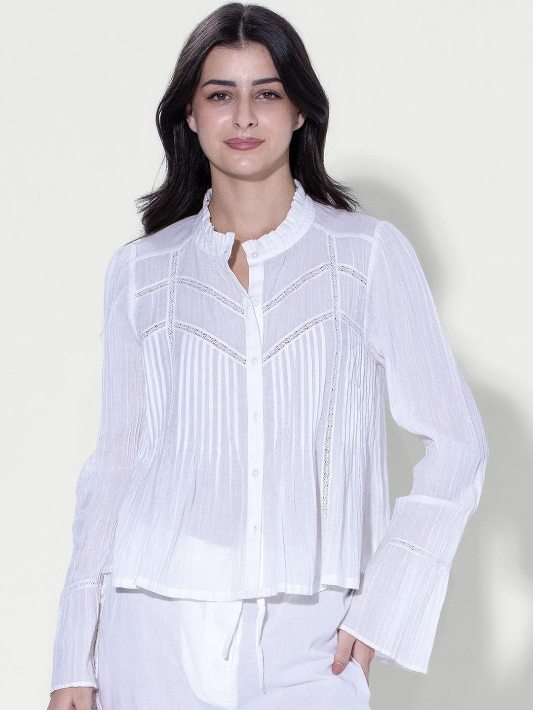 DaKauz Band Collar Bell Sleeve Pleated Lace Cotton Shirt Style Top