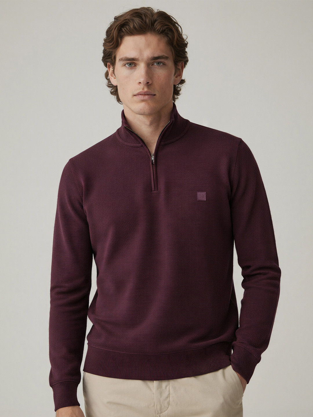 DAMENSCH Men Solid Self Designed Half Zip Sweatshirt