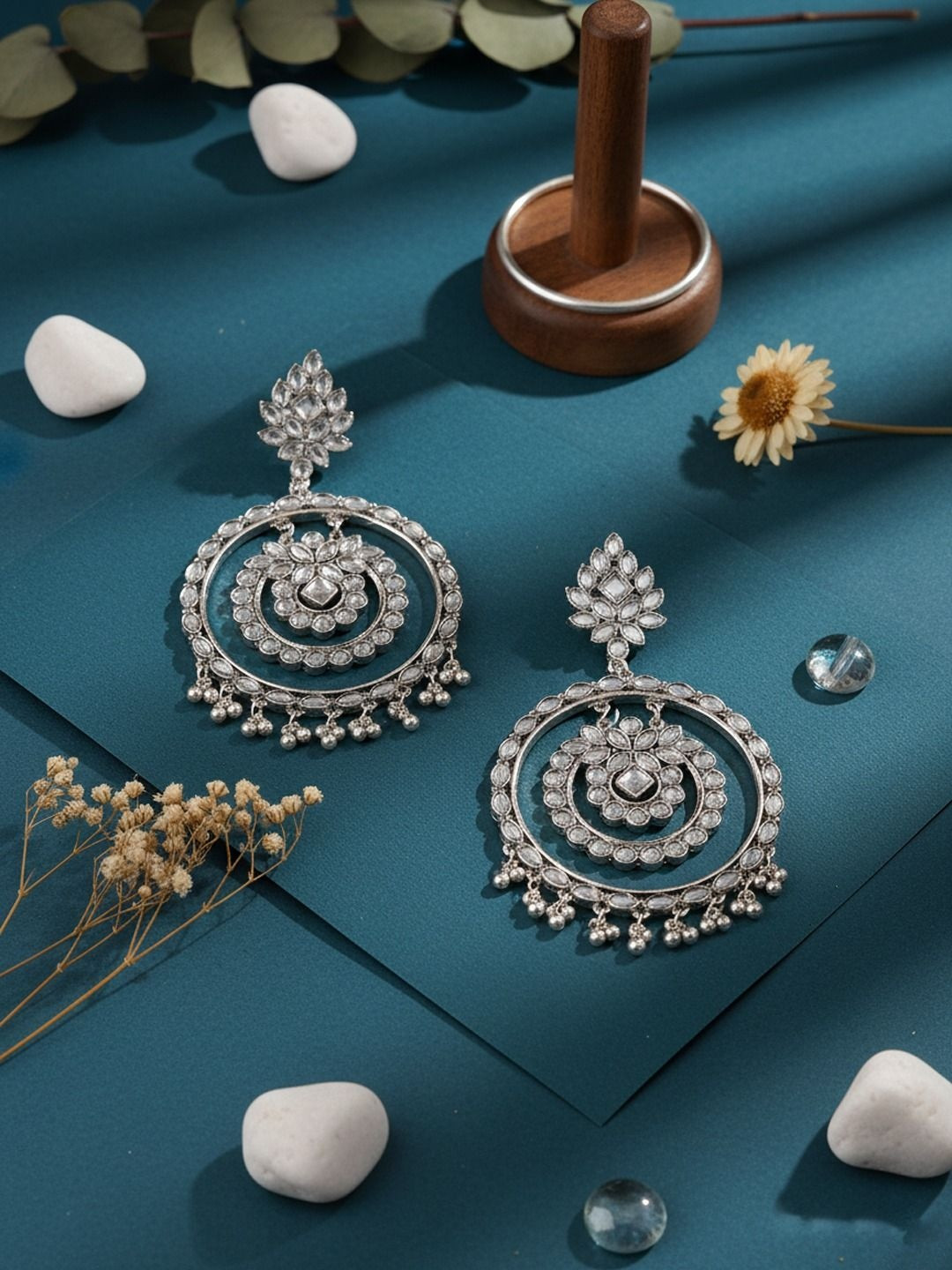 VAGHBHATT Silver-Plated Artificial Beaded Circular Drop Earrings