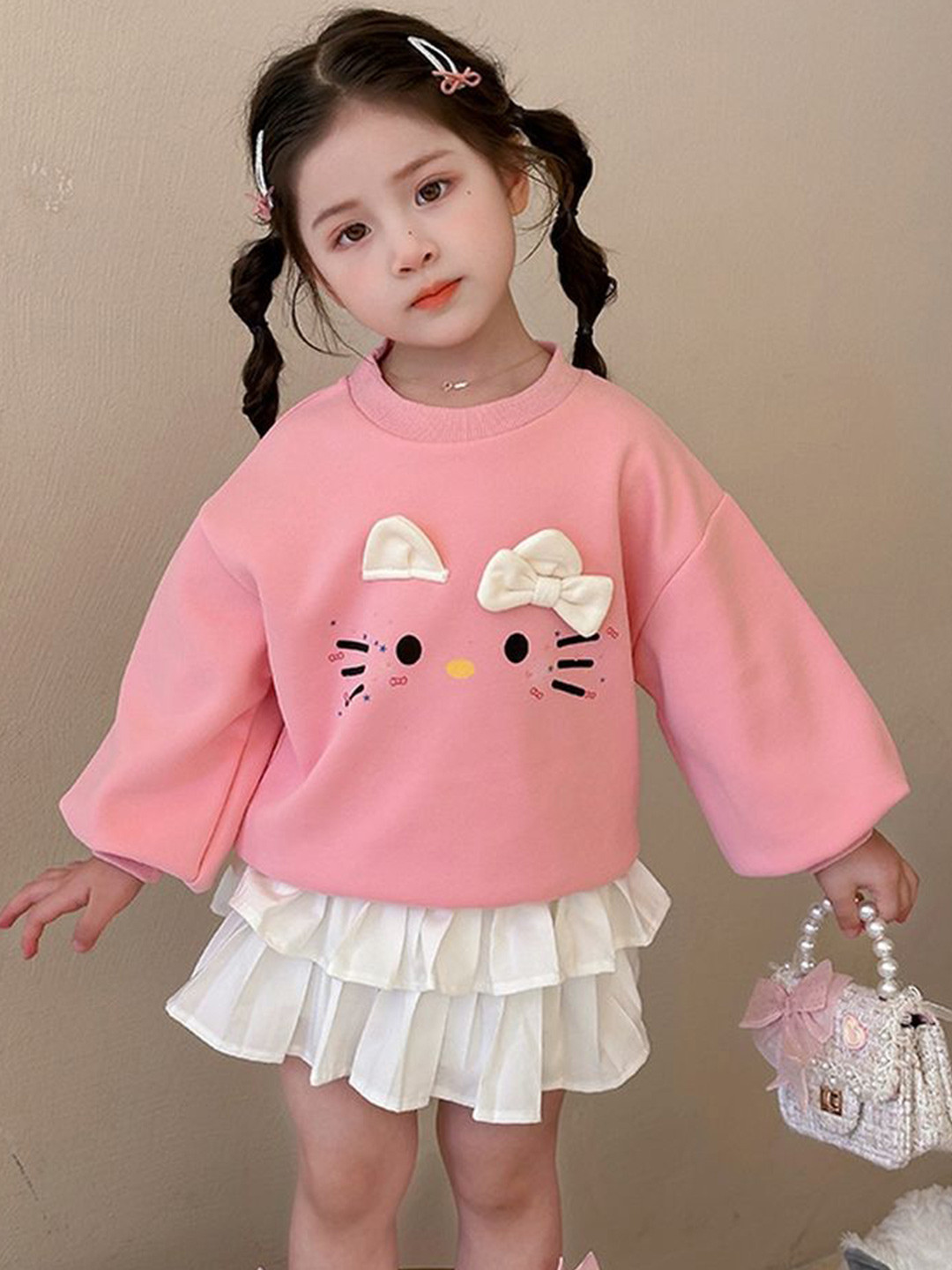 LULU & SKY Girls Hello Kitty Printed Applique Bow Detailed Pullover Sweatshirt