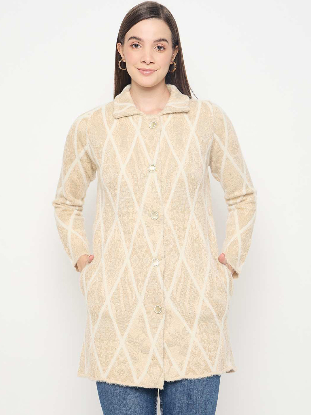 Madame Women Self Design Argyle Longline Cardigan Sweaters