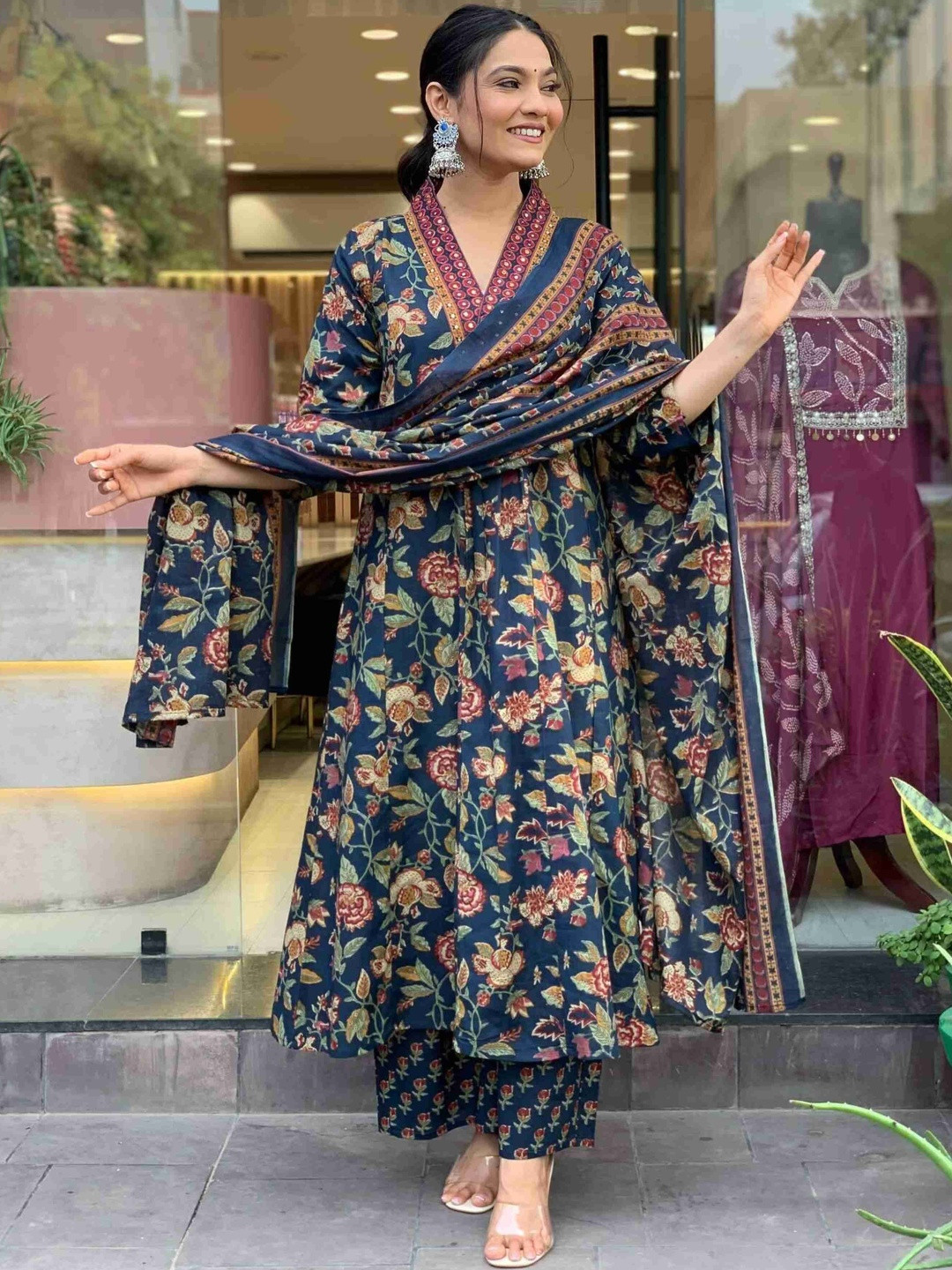 Tradenest International Floral Printed V-Neck Pleated A-Line Kurta With Trousers & Dupatta