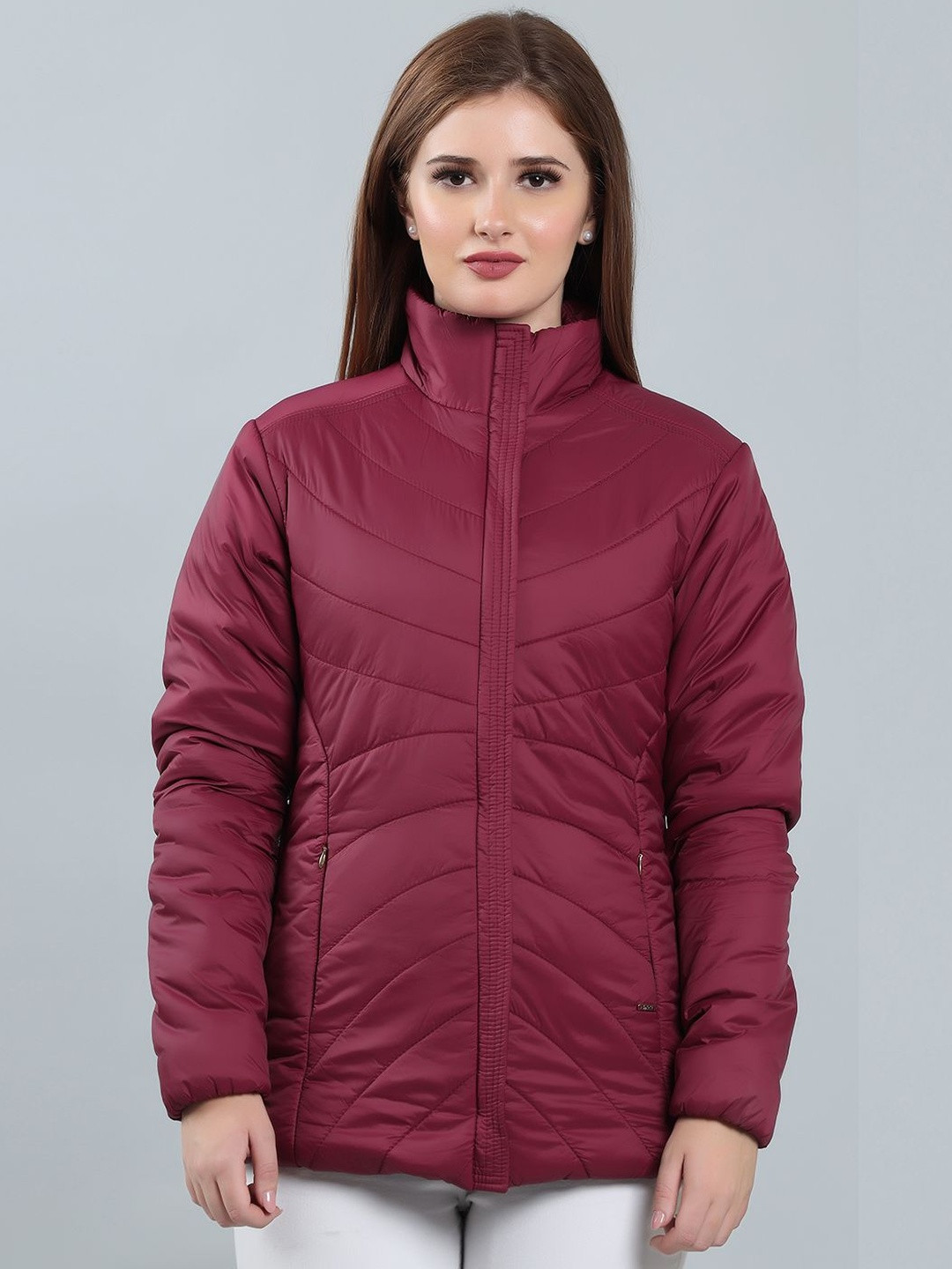 SPIRITTED Women Solid Stand Collar Long Sleeves Puffer Jacket
