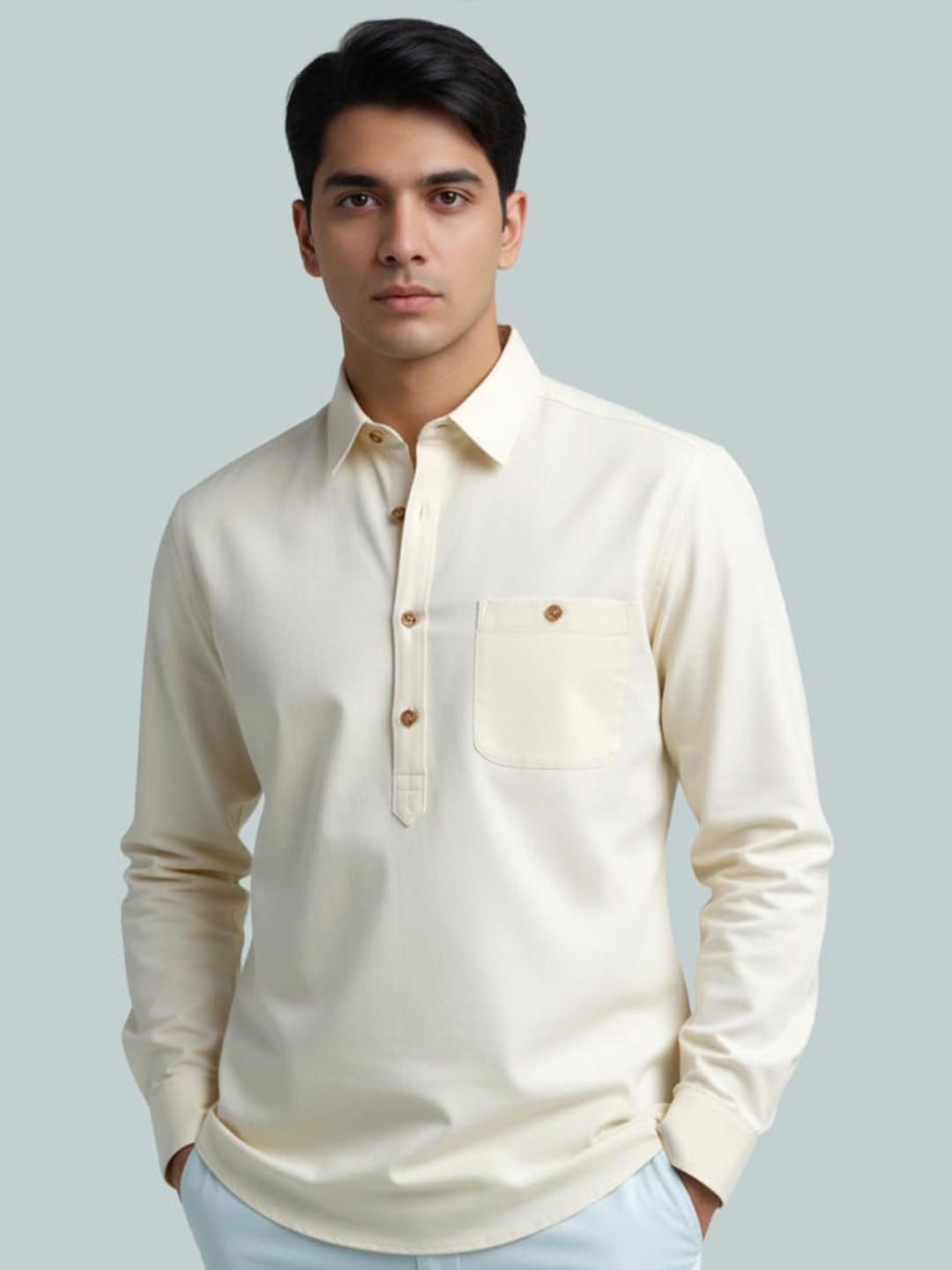 Vida Loca Men Shirt Collar Roll-Up Sleeves Straight Short Kurta