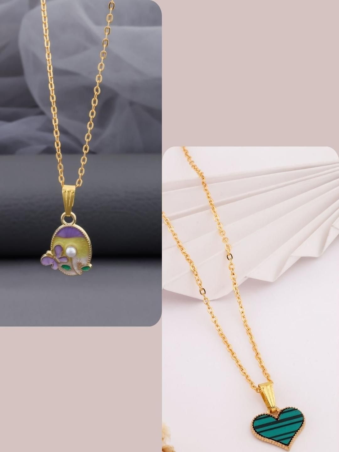 SZN Women Set Of 2 Heart Shaped & Butterfly Shaped Gold-Plated Charms Necklace