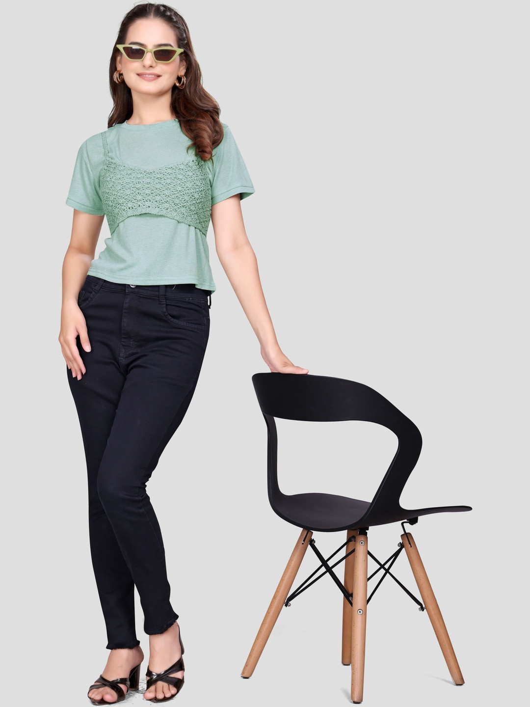 Madborn Creation Women Self Design Round Neck Cotton Crochet Crop Top