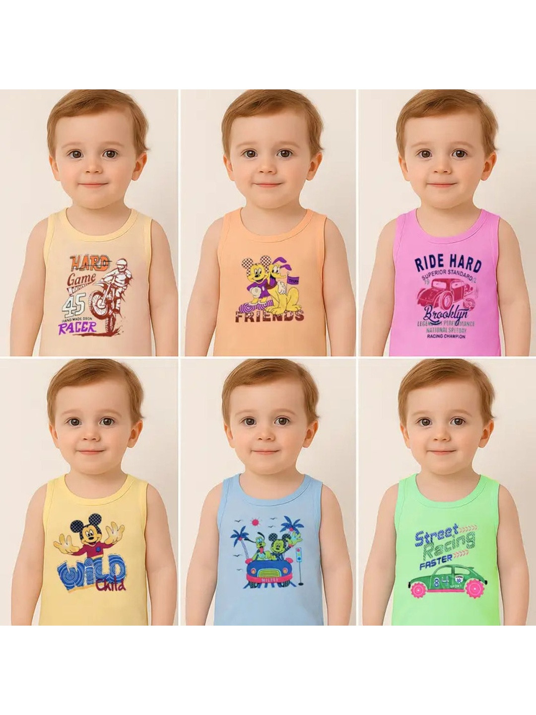 TINY HANDS Boys Pack of 6 Regular Cotton Printed Sleeveless Baniyan Vest