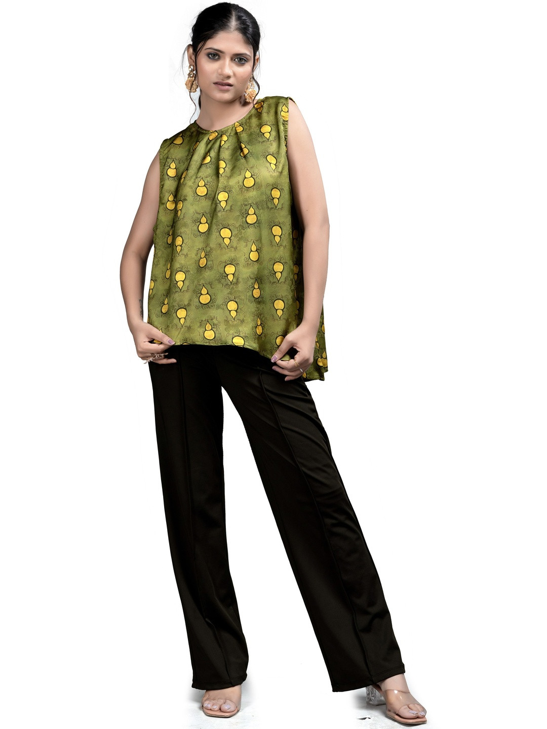 Madborn Creation Printed Round Neck Sleeveless Gathered or Pleated Satin Top