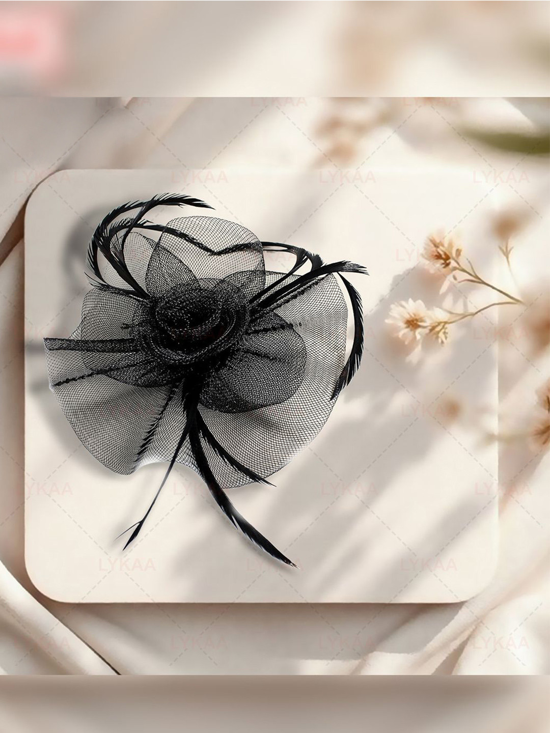 LYKAA Girls Embellished Hat with Mesh Veil and Feather Hair Accessory