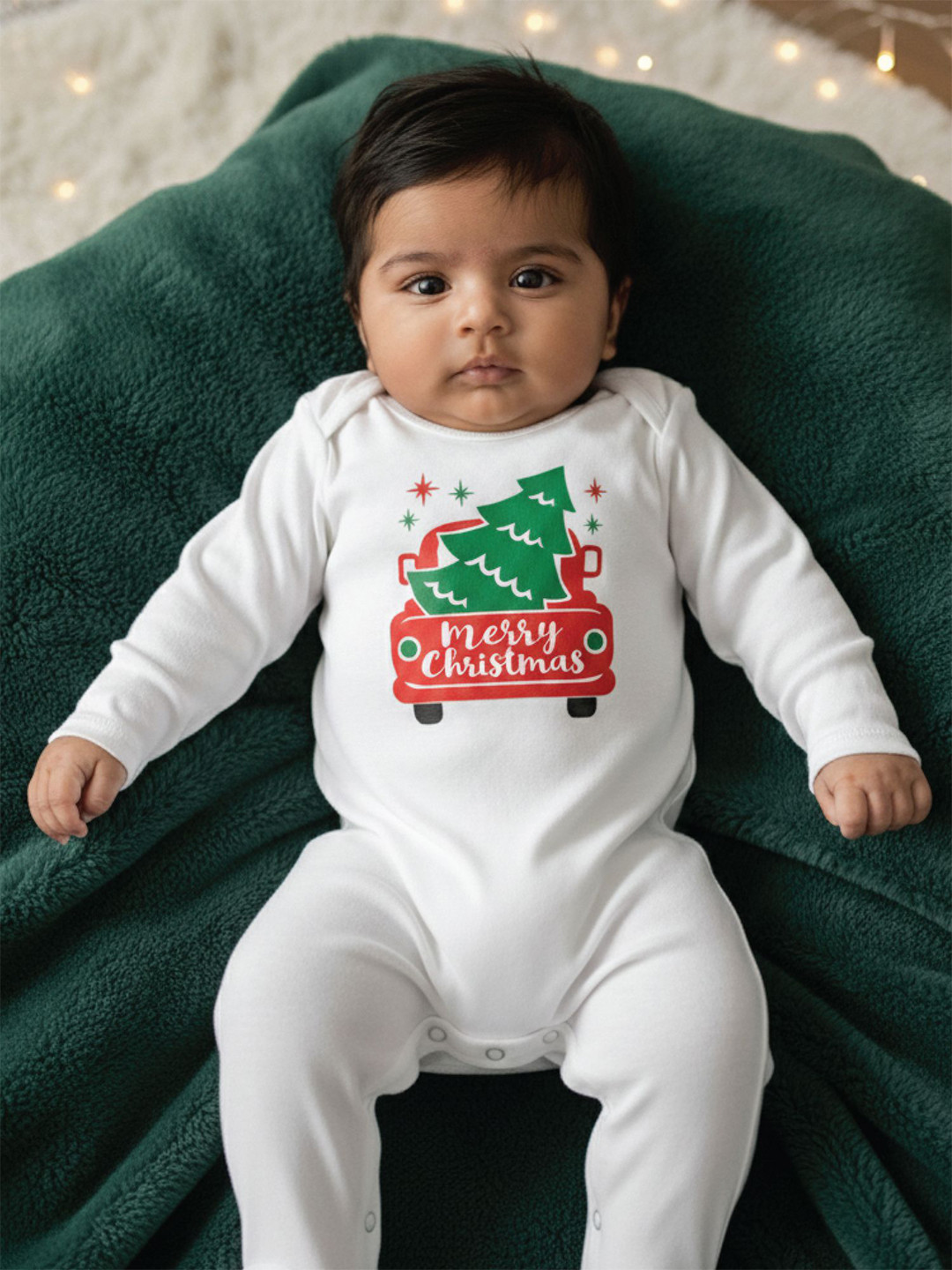 Zeezeezoo Kids Merry Christmas Car Tree Printed Cotton Romper