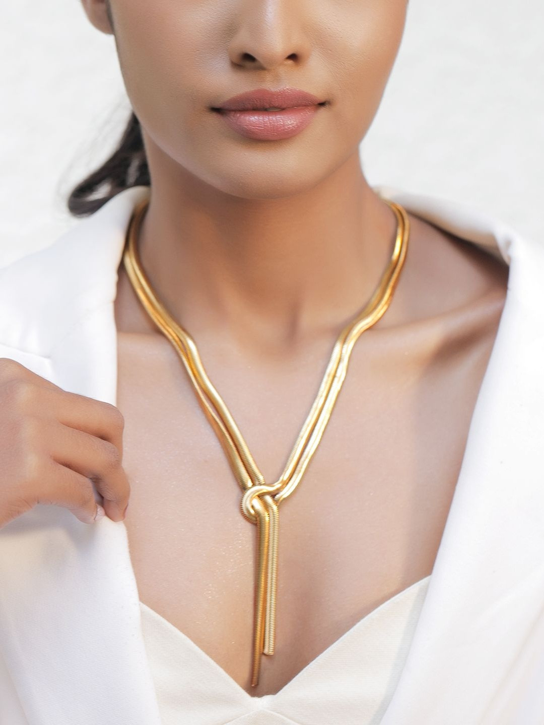 Rubans Voguish Stainless Steel 18K Gold-Plated Knot Tassel Necklace